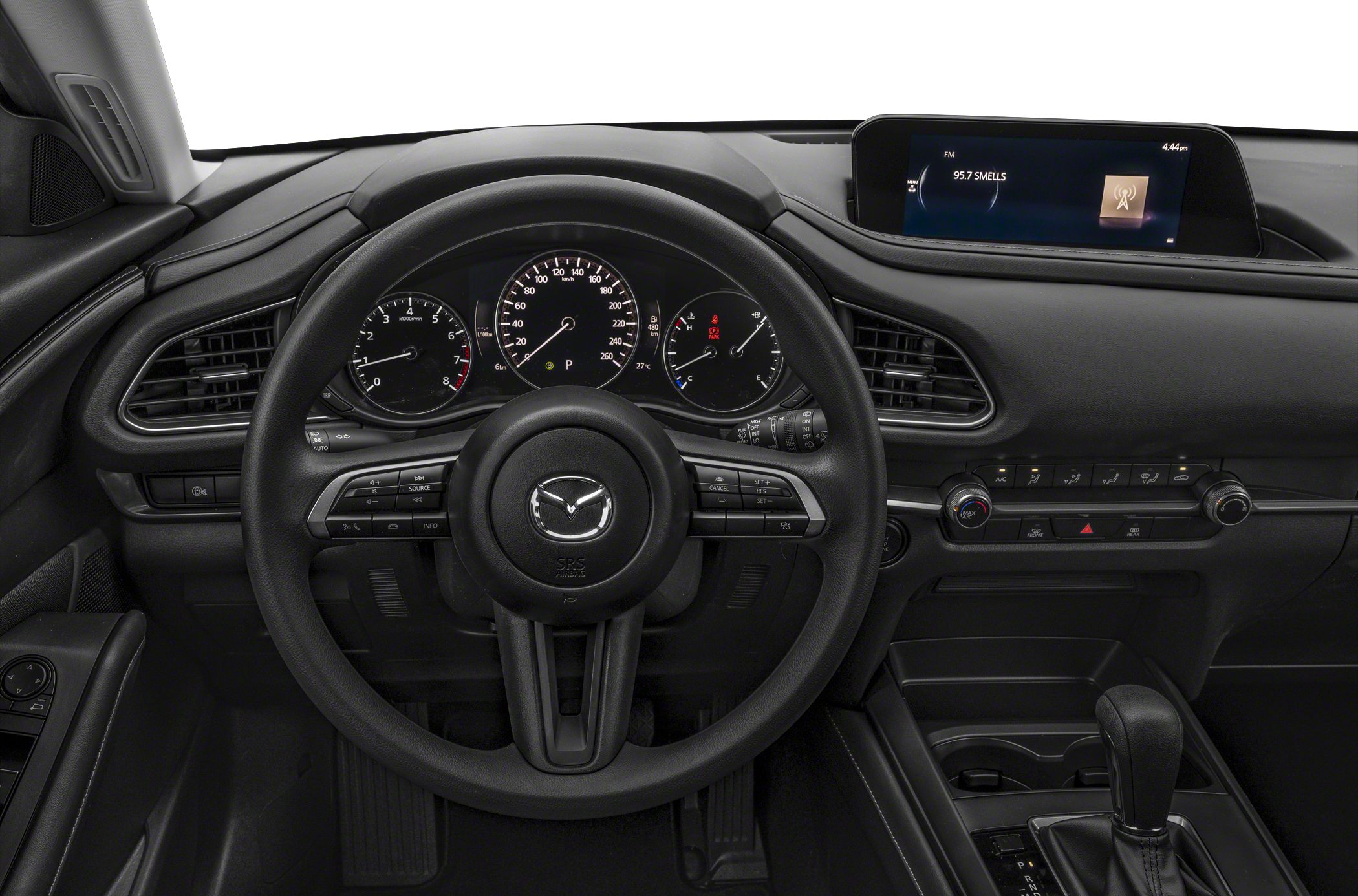 Mazda MX-30 2020 interior with dashboard, steering wheel, and infotainment display