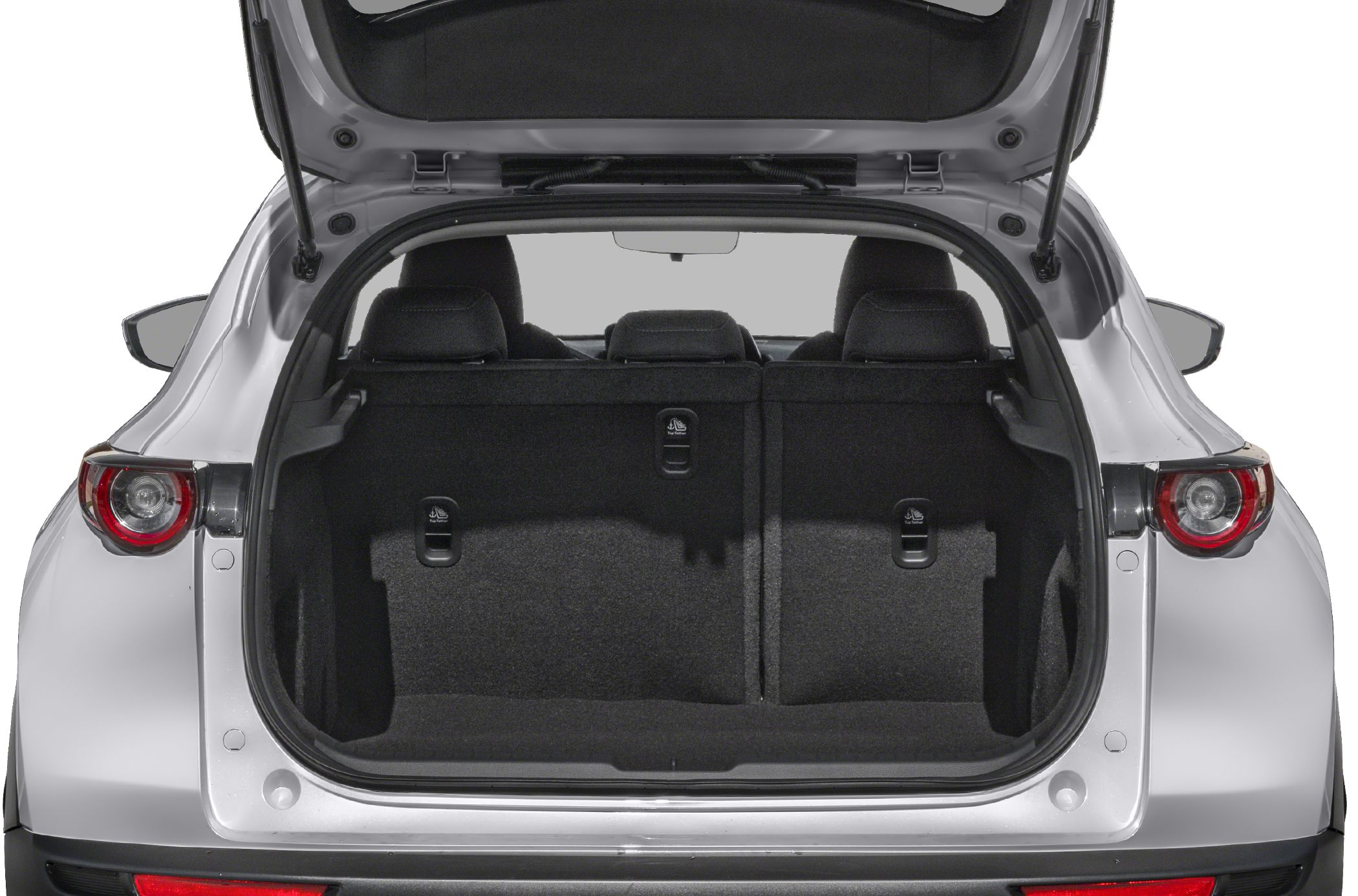 Rear cargo space with foldable seats and trunk interior.