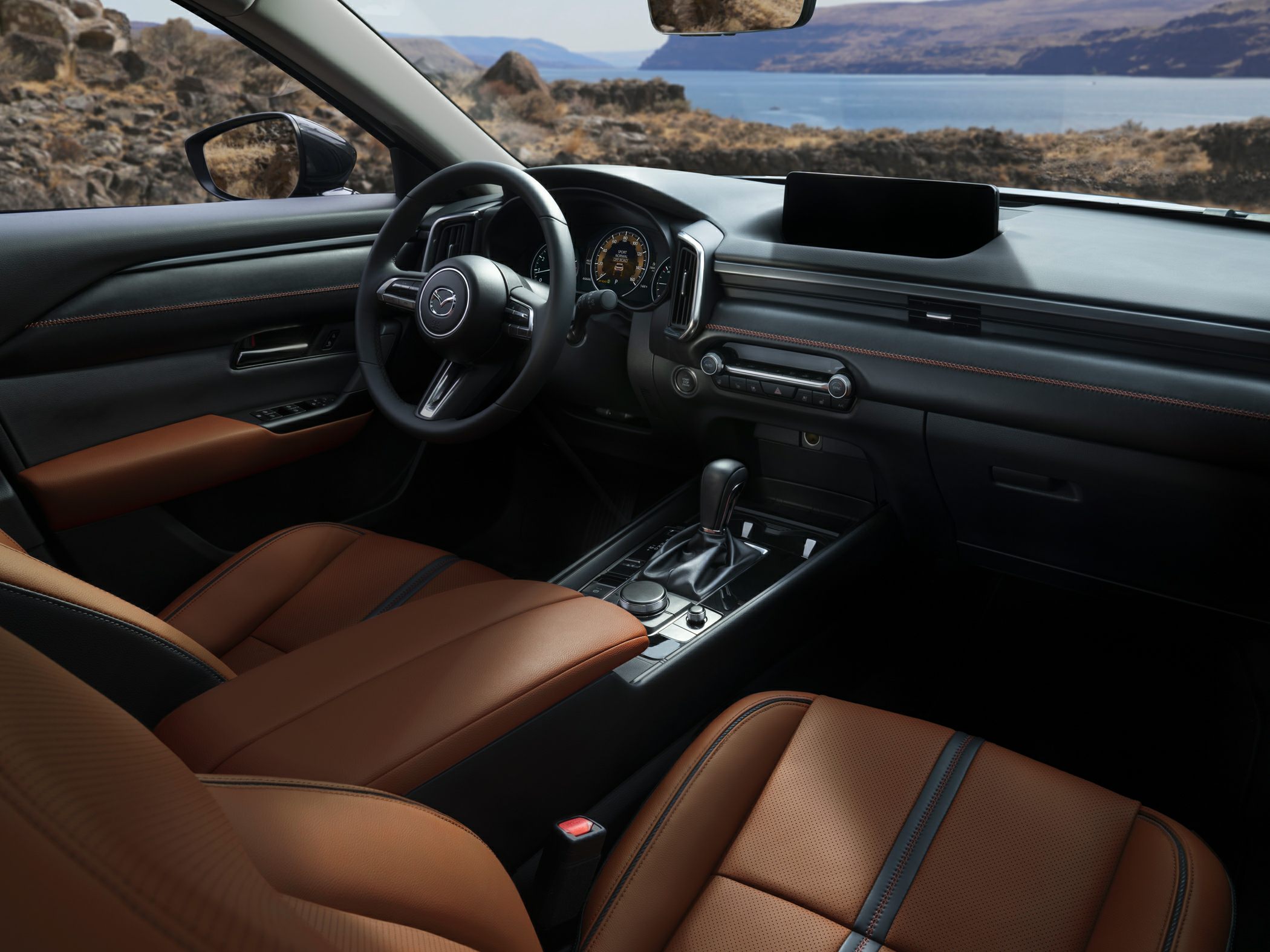 Brown leather seats with black accents and sleek modern steering wheel