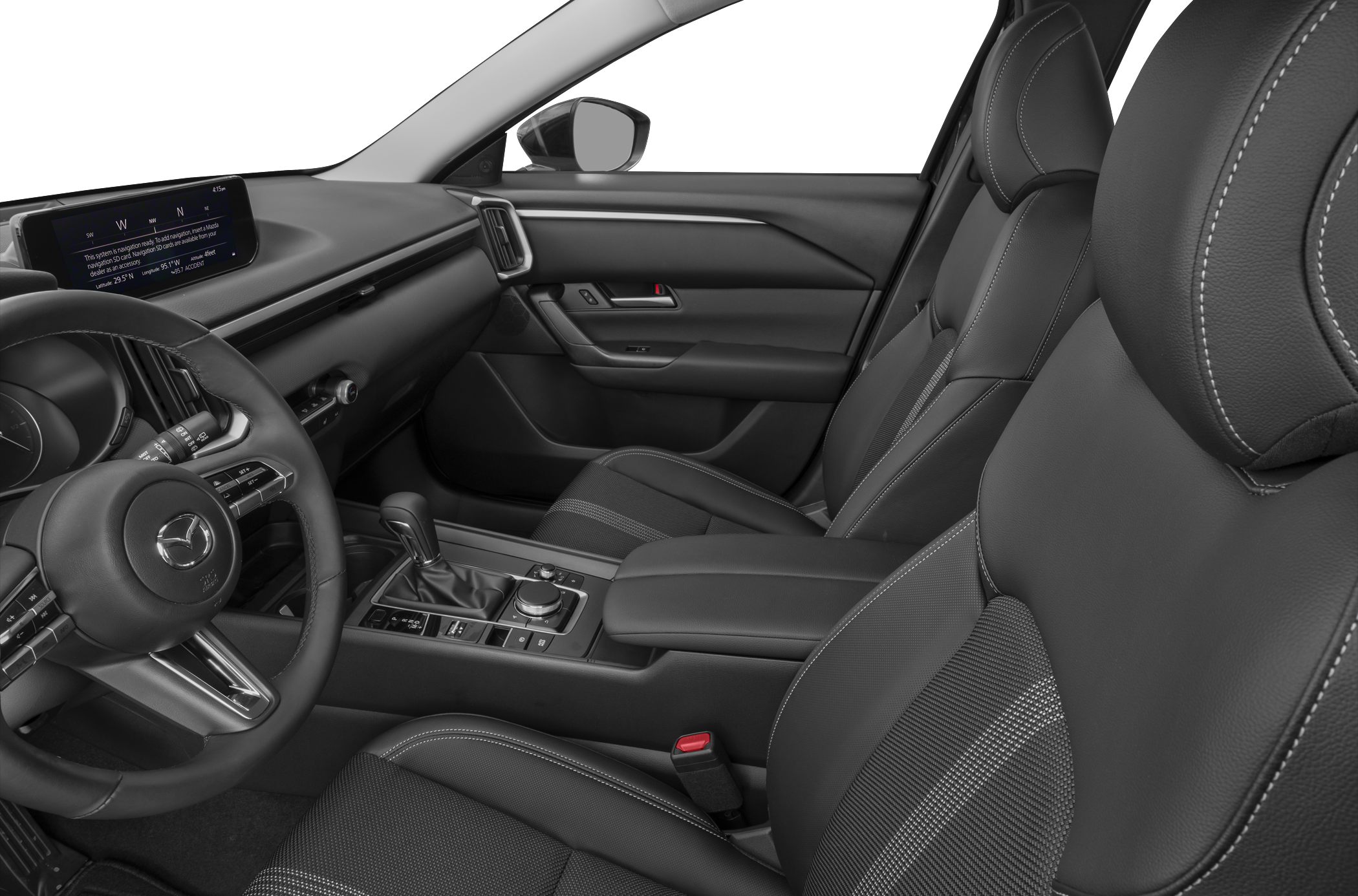 Ergonomic front seats and infotainment display with center console controls