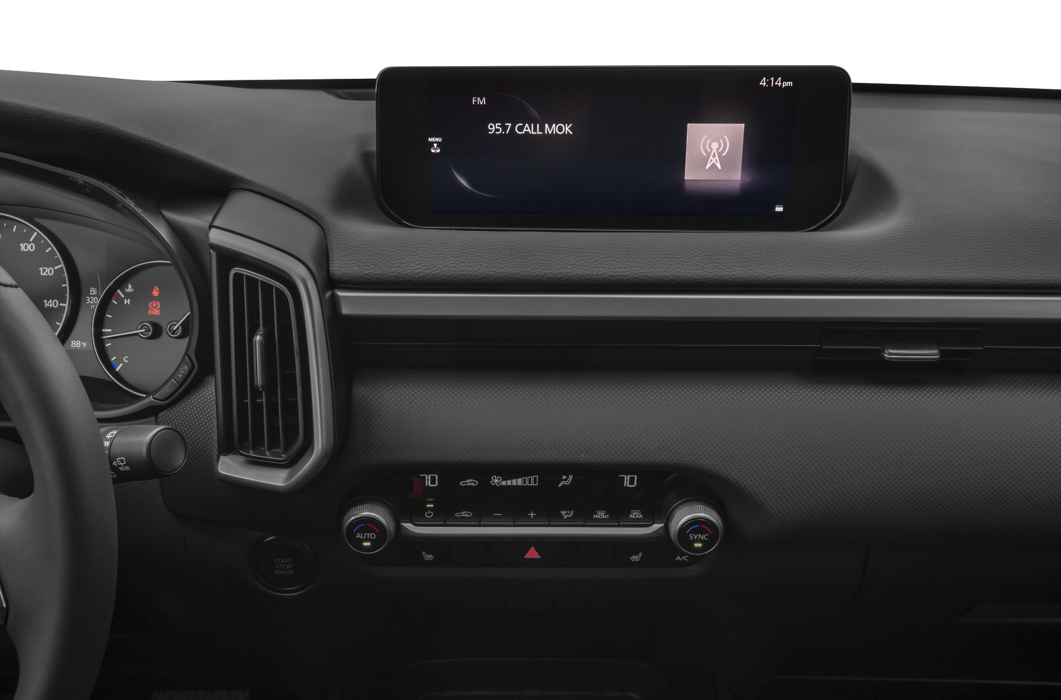 Infotainment screen and dual-zone climate control on Mazda dashboard
