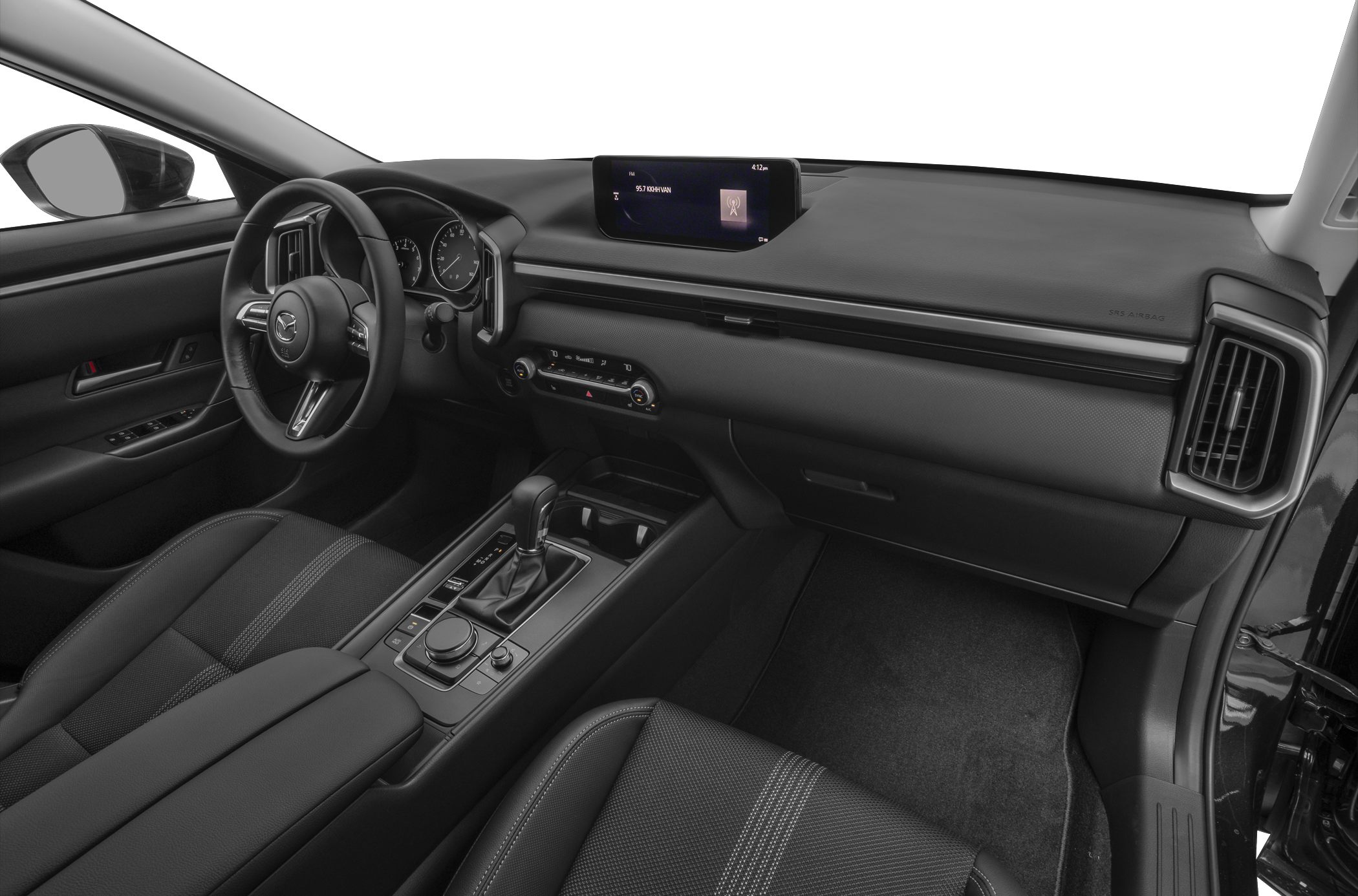 Dashboard, steering wheel, infotainment screen, and center console with gear shift.