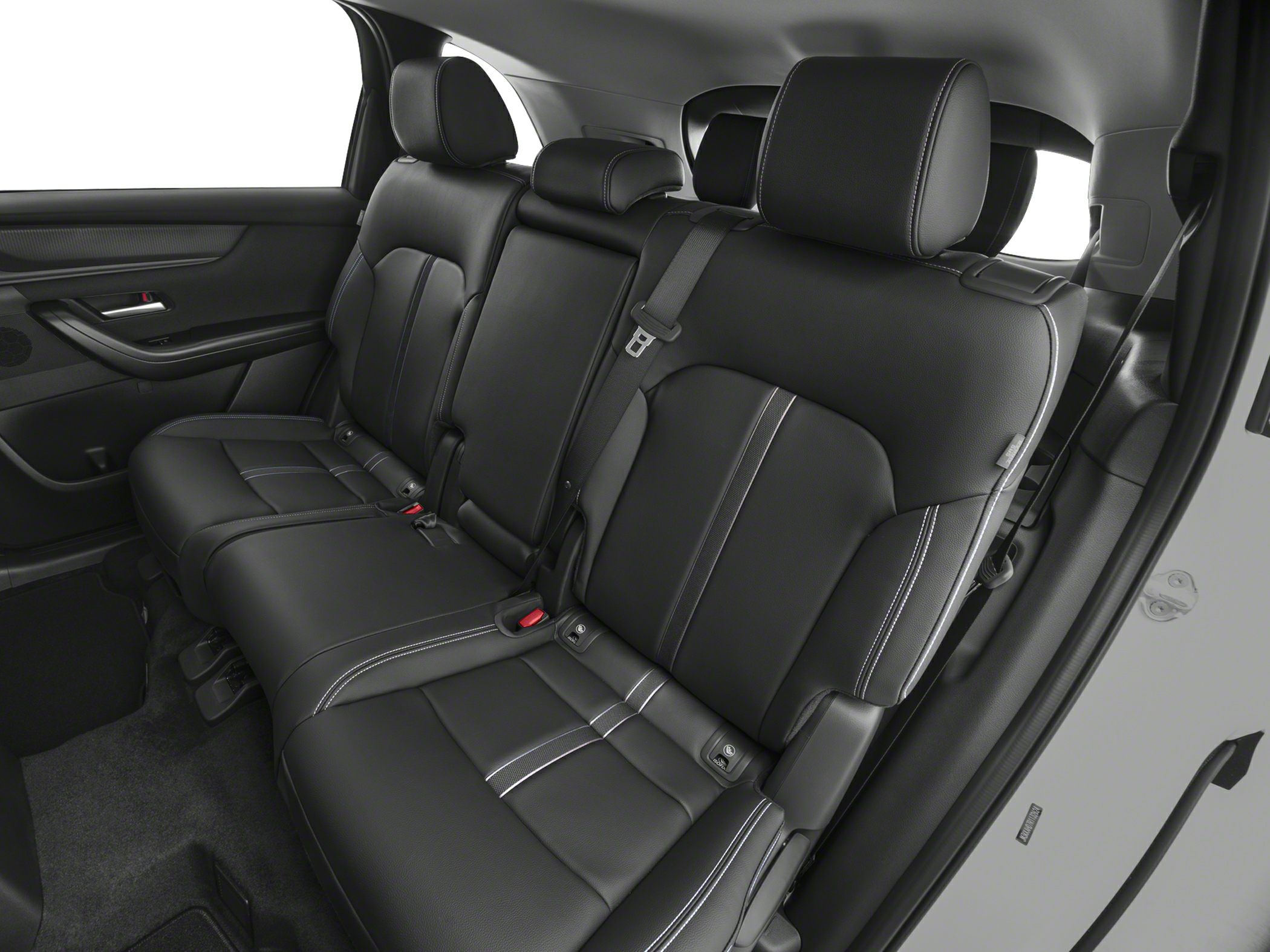 Black leather rear seat with stitching and headrests