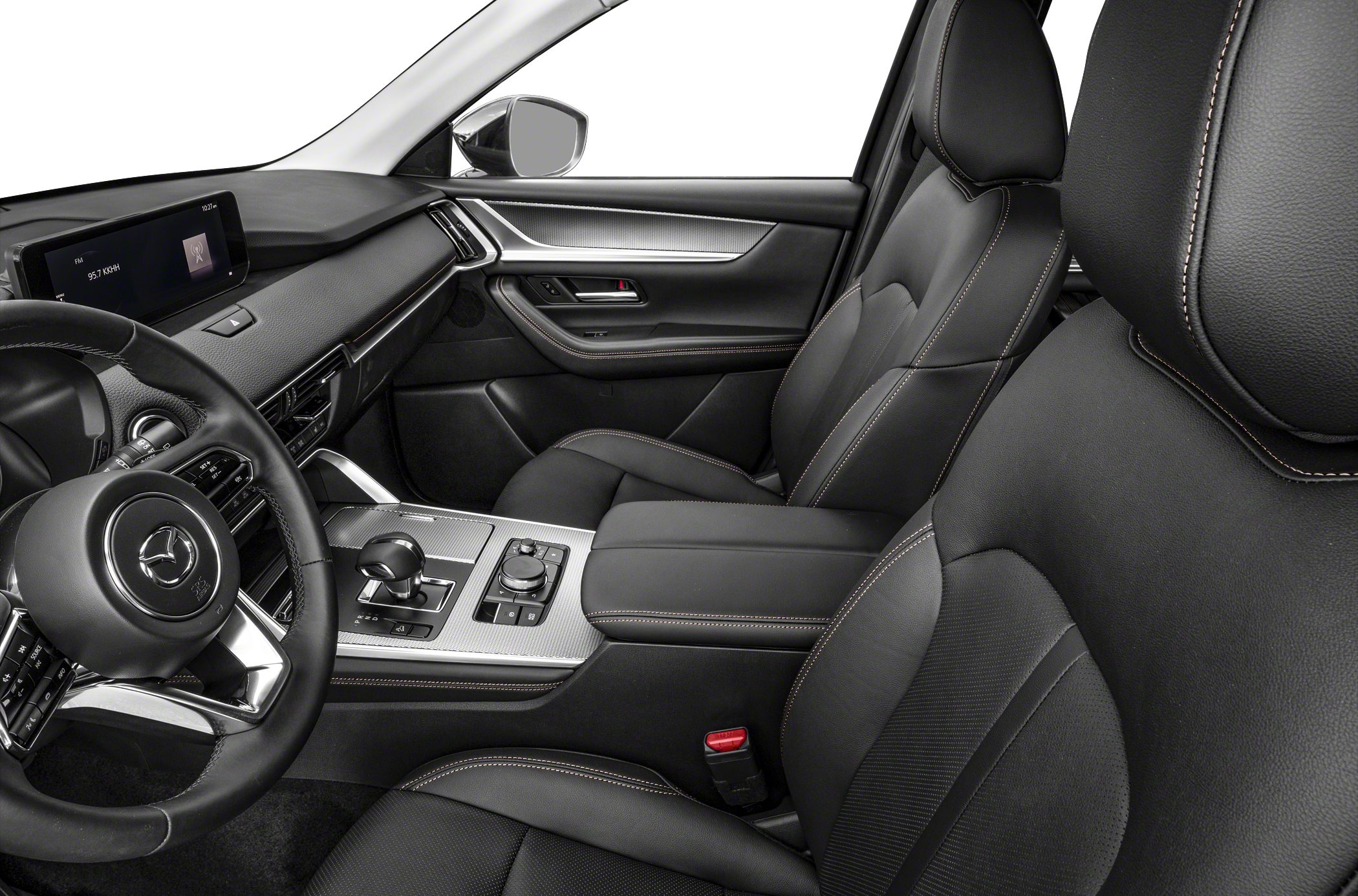 Advanced dashboard and black leather seats with detailed stitching
