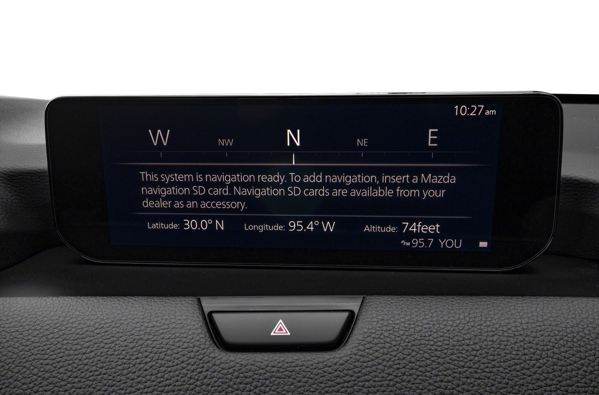 Infotainment screen showing navigation readiness with latitude, longitude, and altitude coordinates.