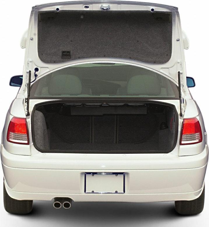 Open trunk with rear taillights and dual exhaust pipes