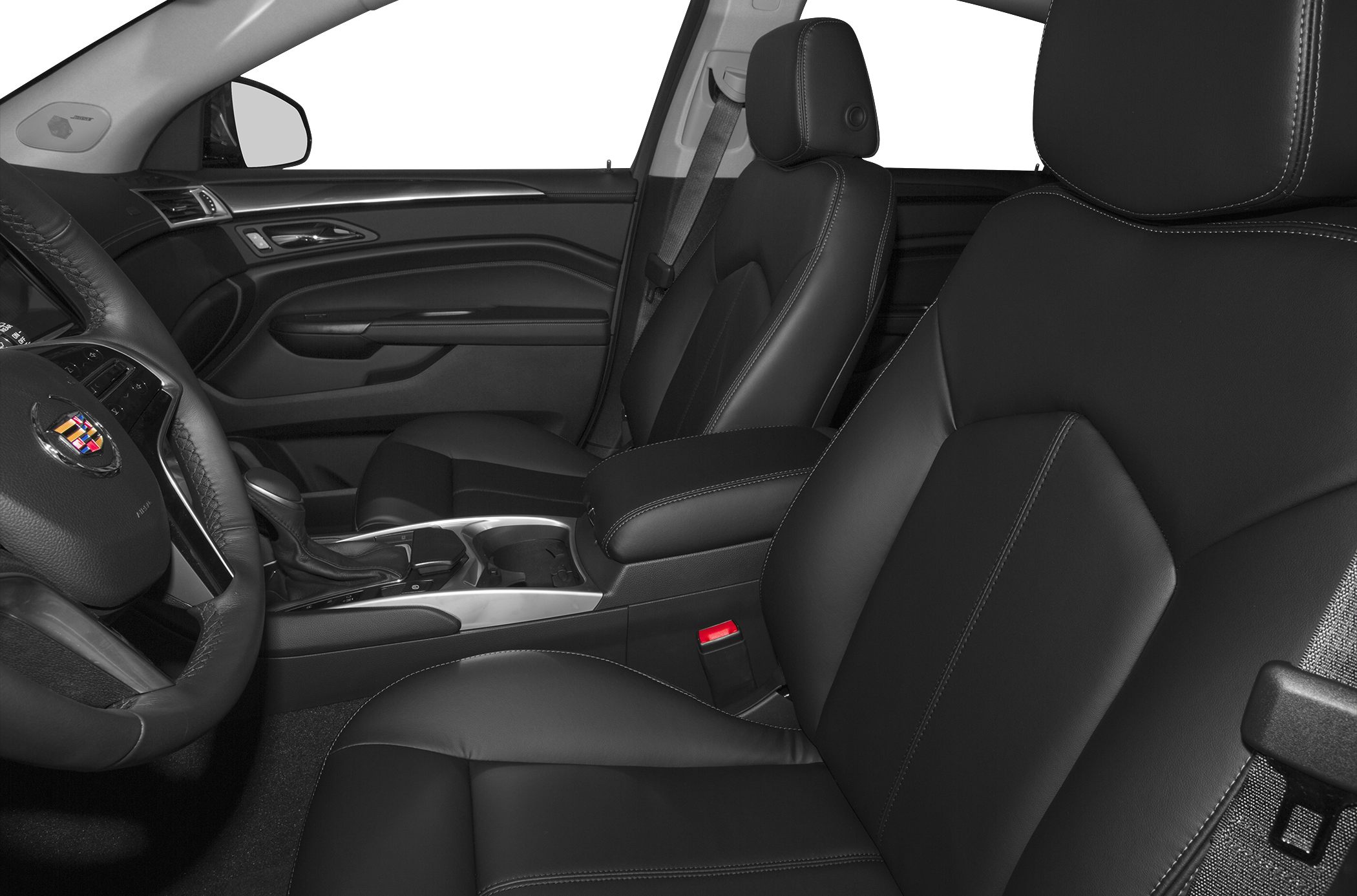 Luxury front seats and dashboard interior with leather upholstery and center console
