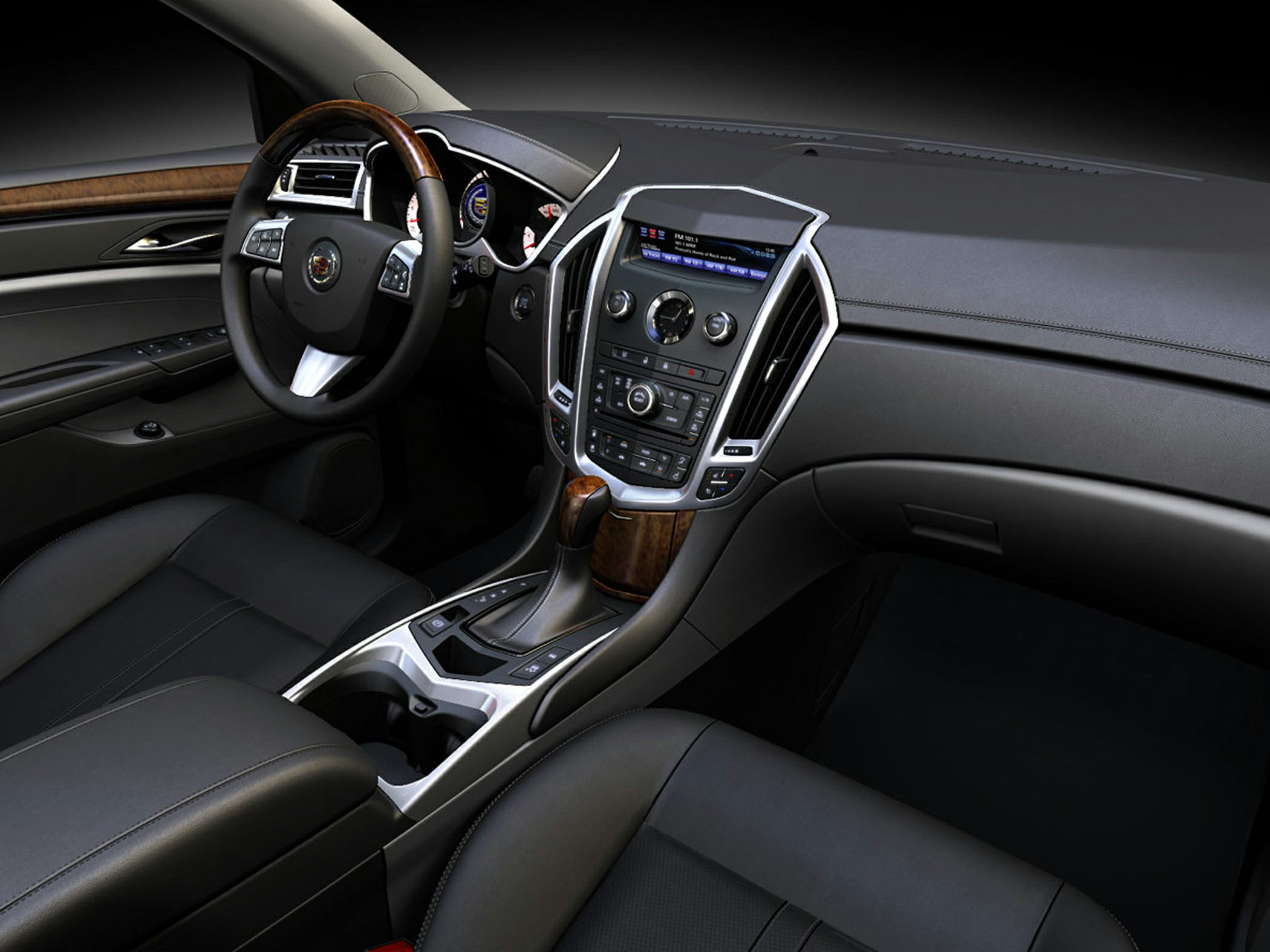 Luxury SUV interior with leather seats, wood trim, and modern dashboard controls