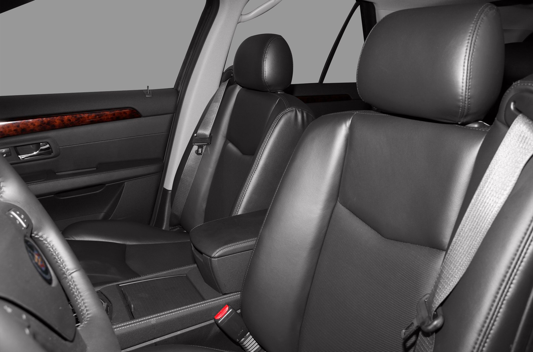 Leather front seats and center console in car interior