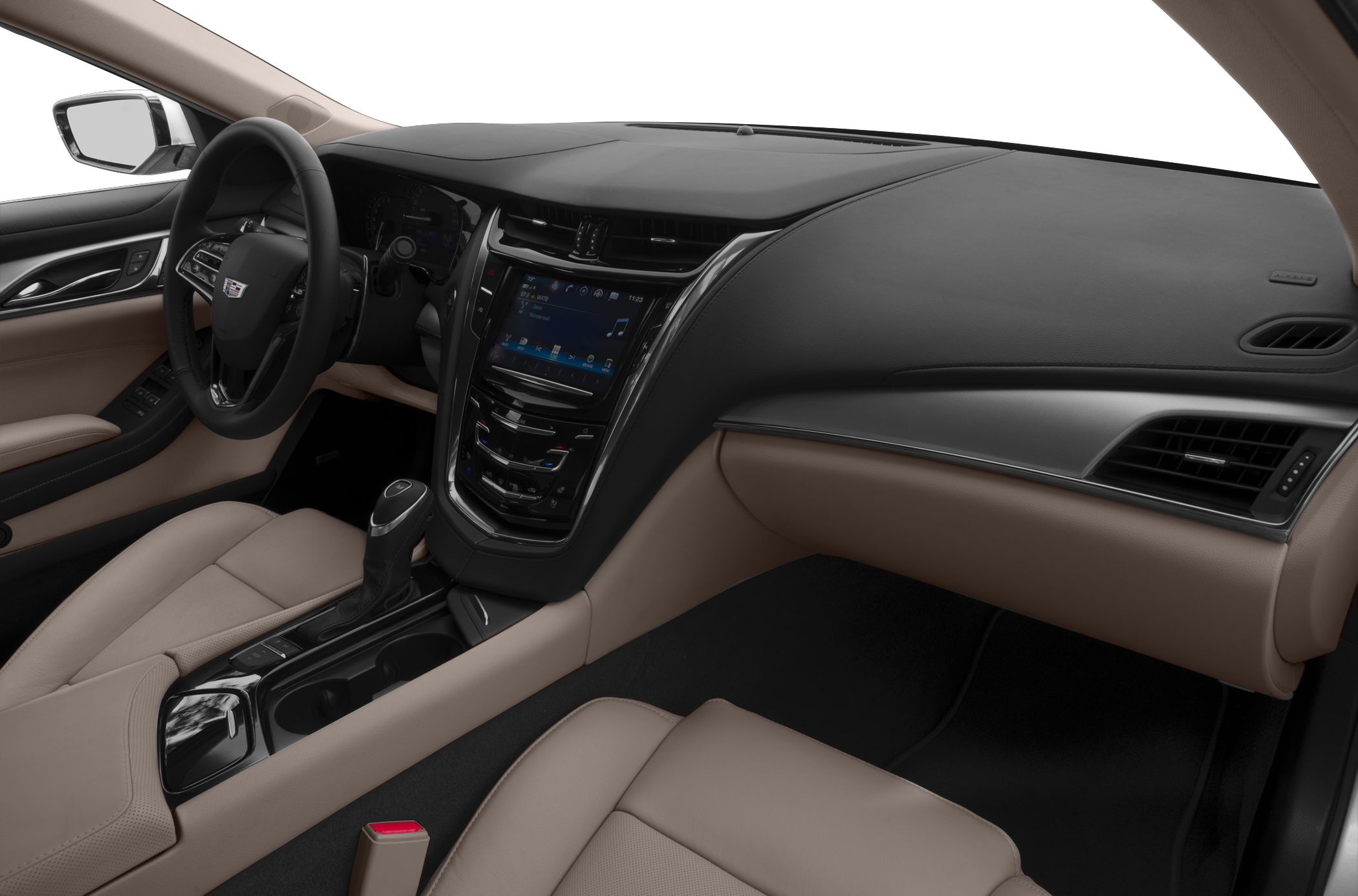 Luxurious dashboard and center console with infotainment in a luxury sedan interior.