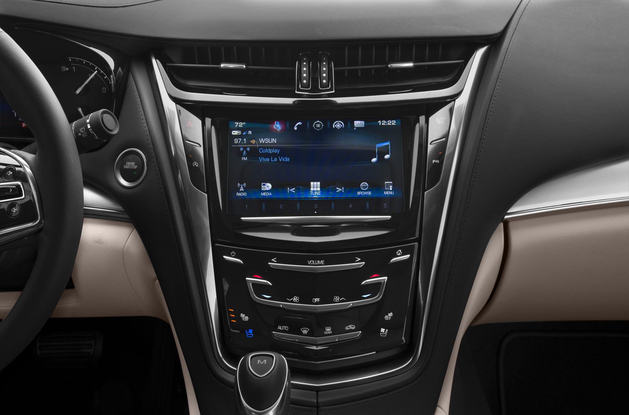 Touchscreen infotainment display and climate control panel with sleek center console design
