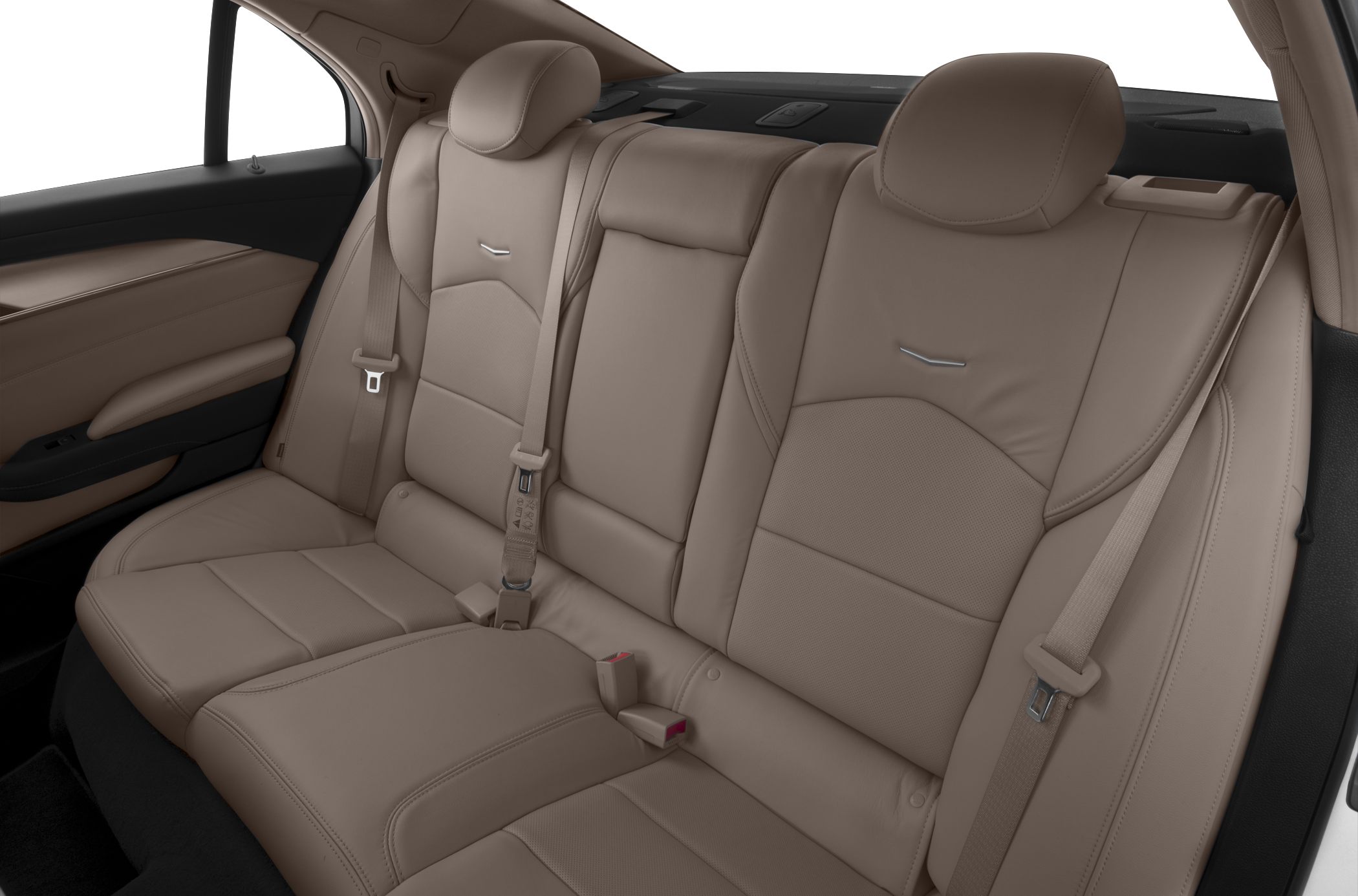 Luxury rear leather seats with integrated headrests and seatbelt details.