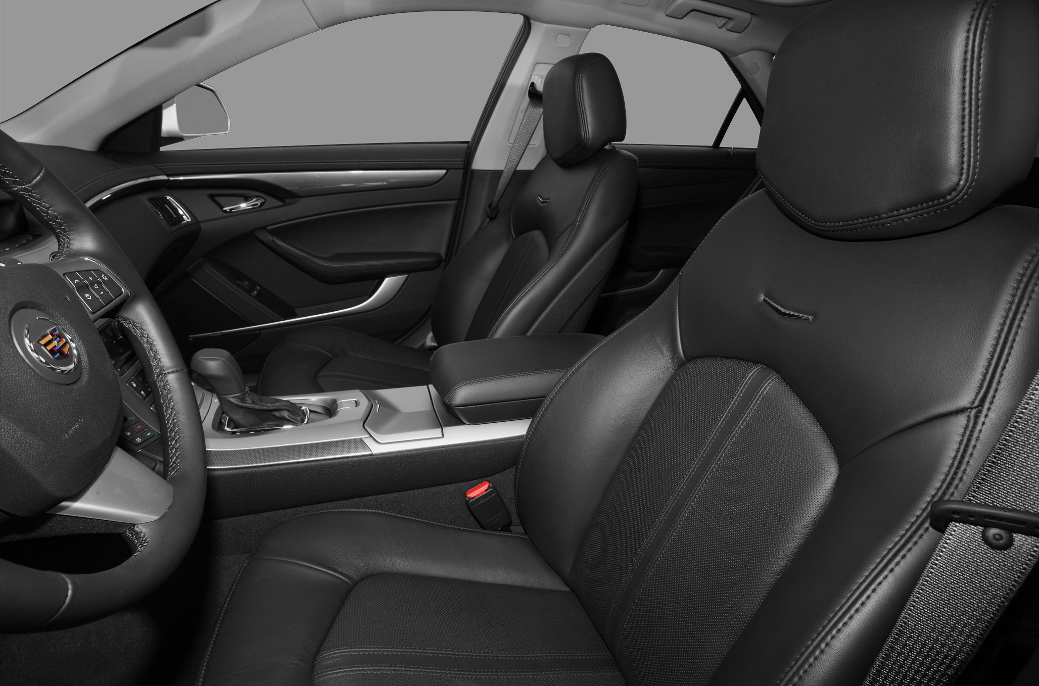 Black leather front seats and modern cabin interior