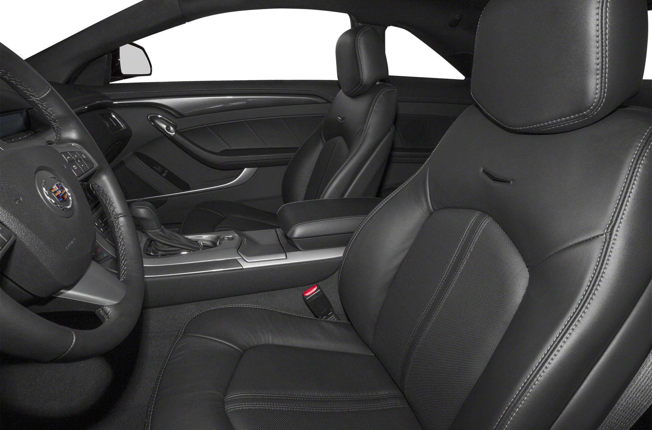 Black leather ergonomic seats with detailed stitching and modern center console