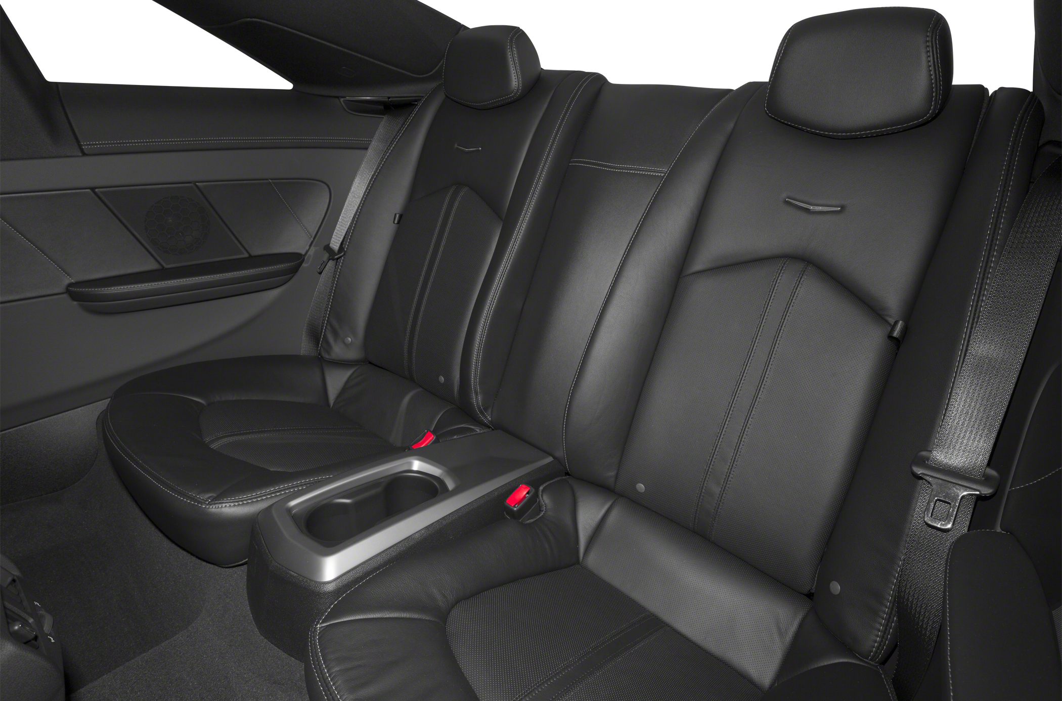 Black leather rear seats with white stitching and center armrest