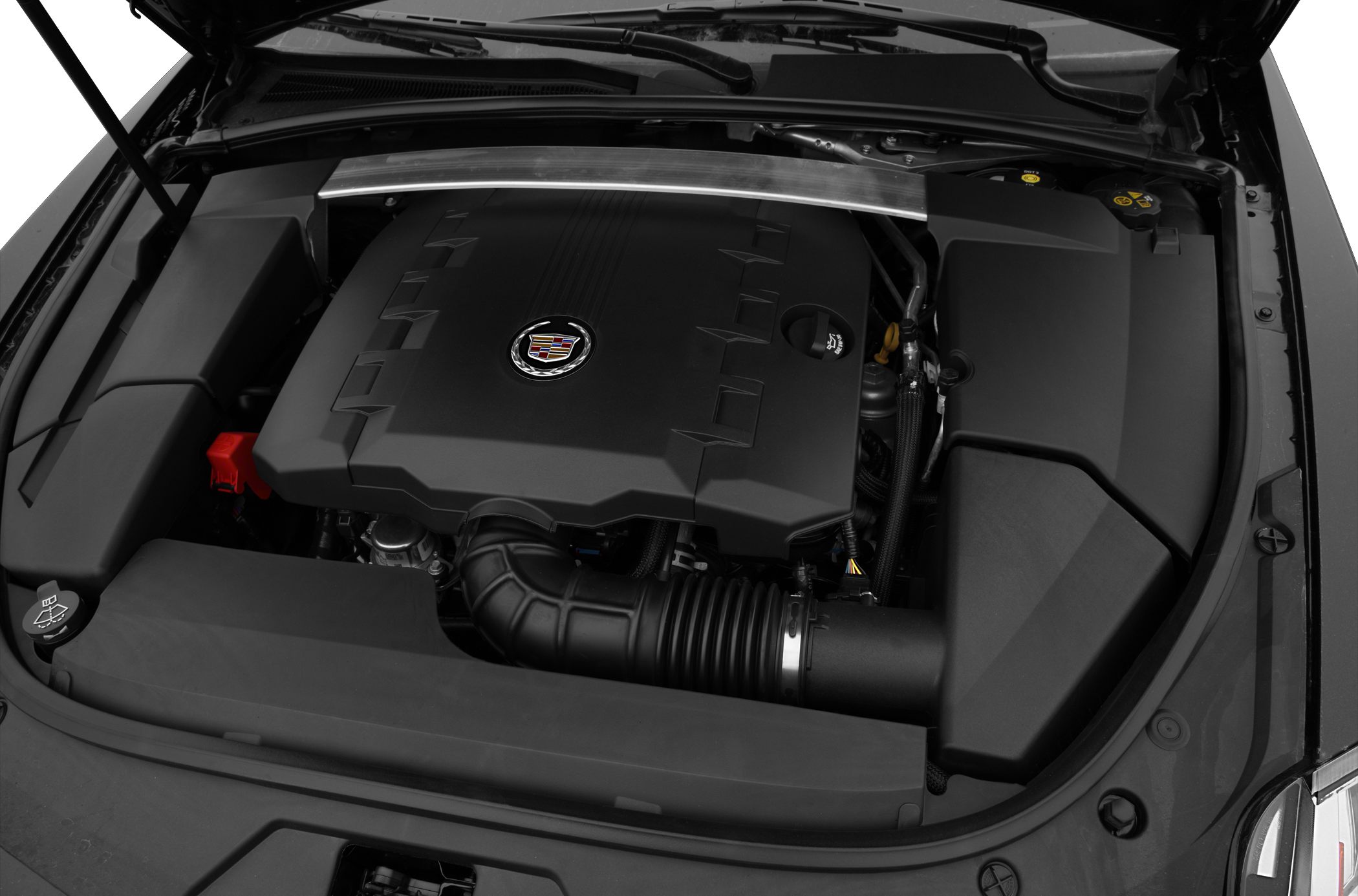 Engine bay with engine cover and strut brace