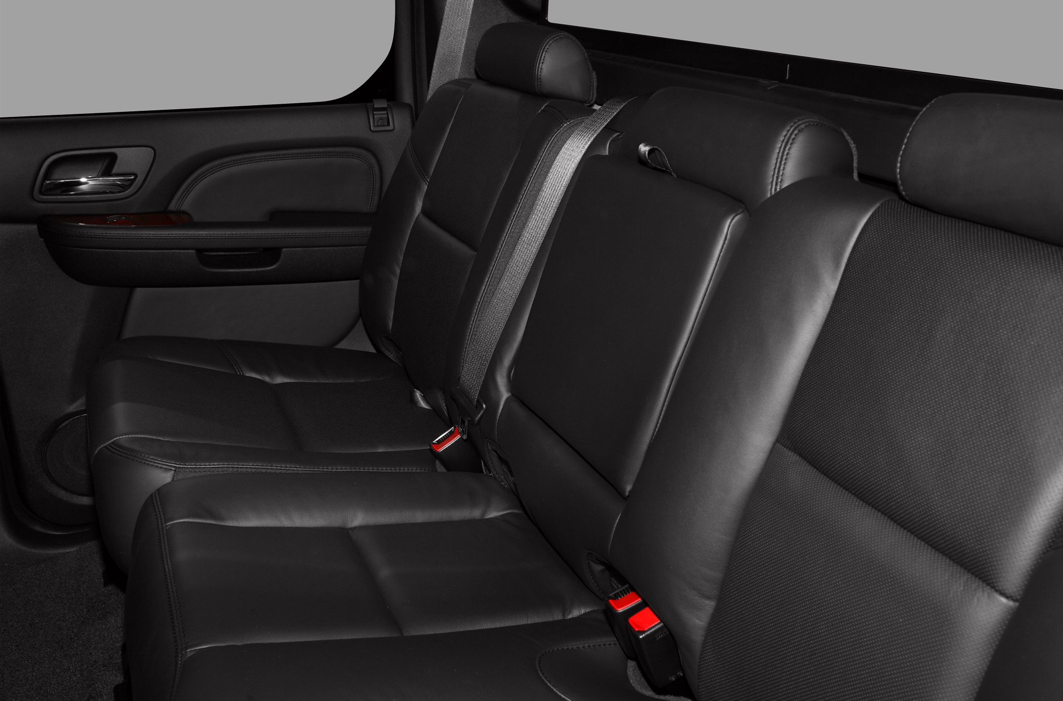 Black leather rear seats with seatbelt in pickup truck interior