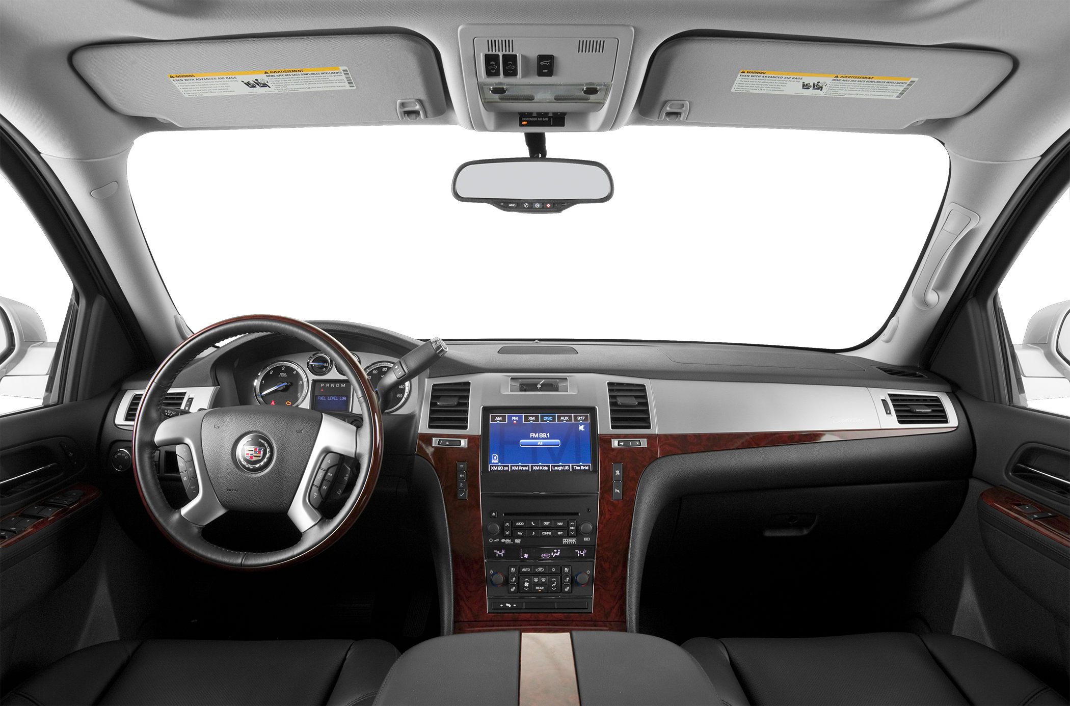 Interior dashboard with wood trim and multifunction steering wheel