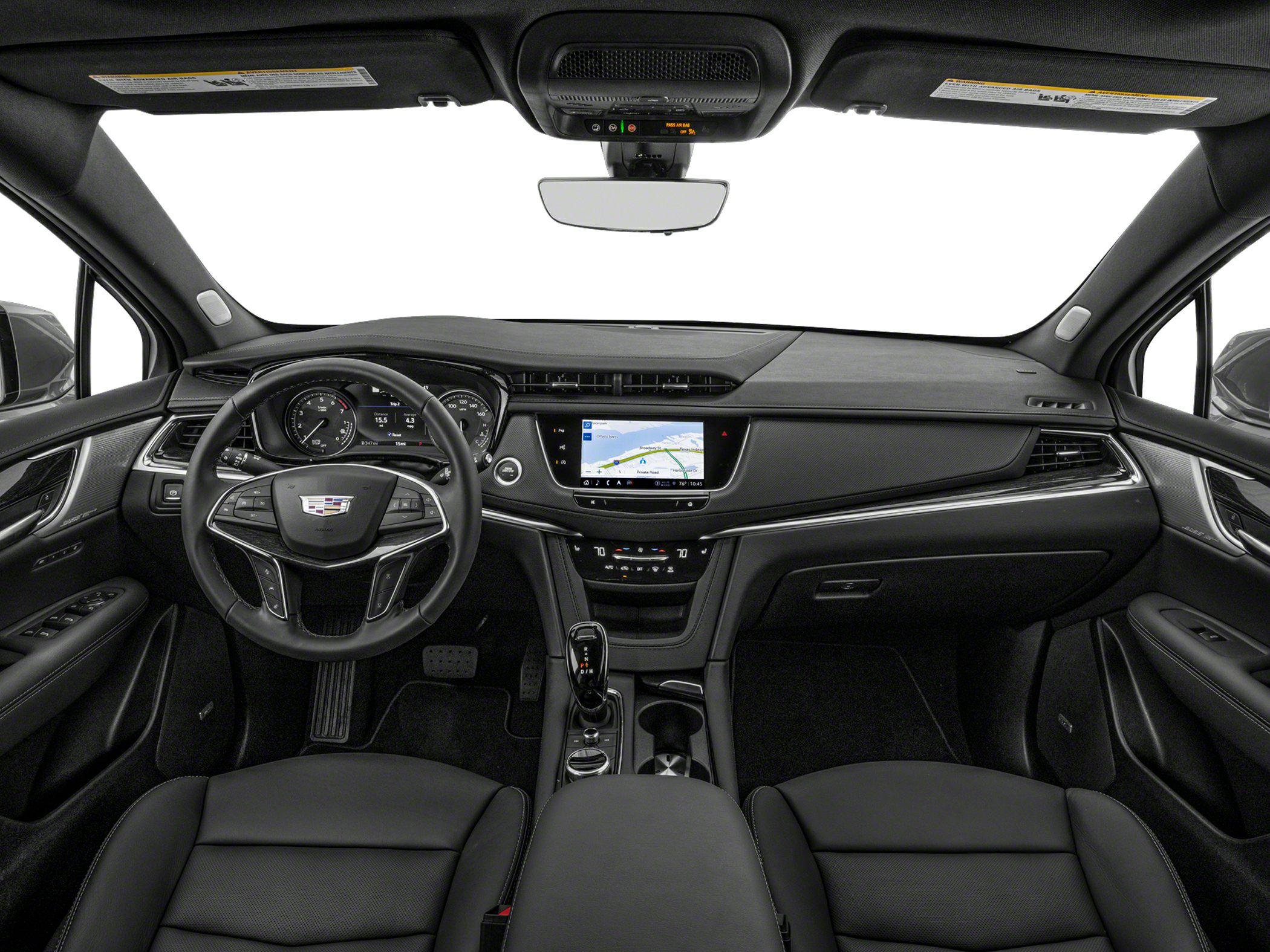 Digital dashboard with touchscreen navigation and leather seats in a modern car interior