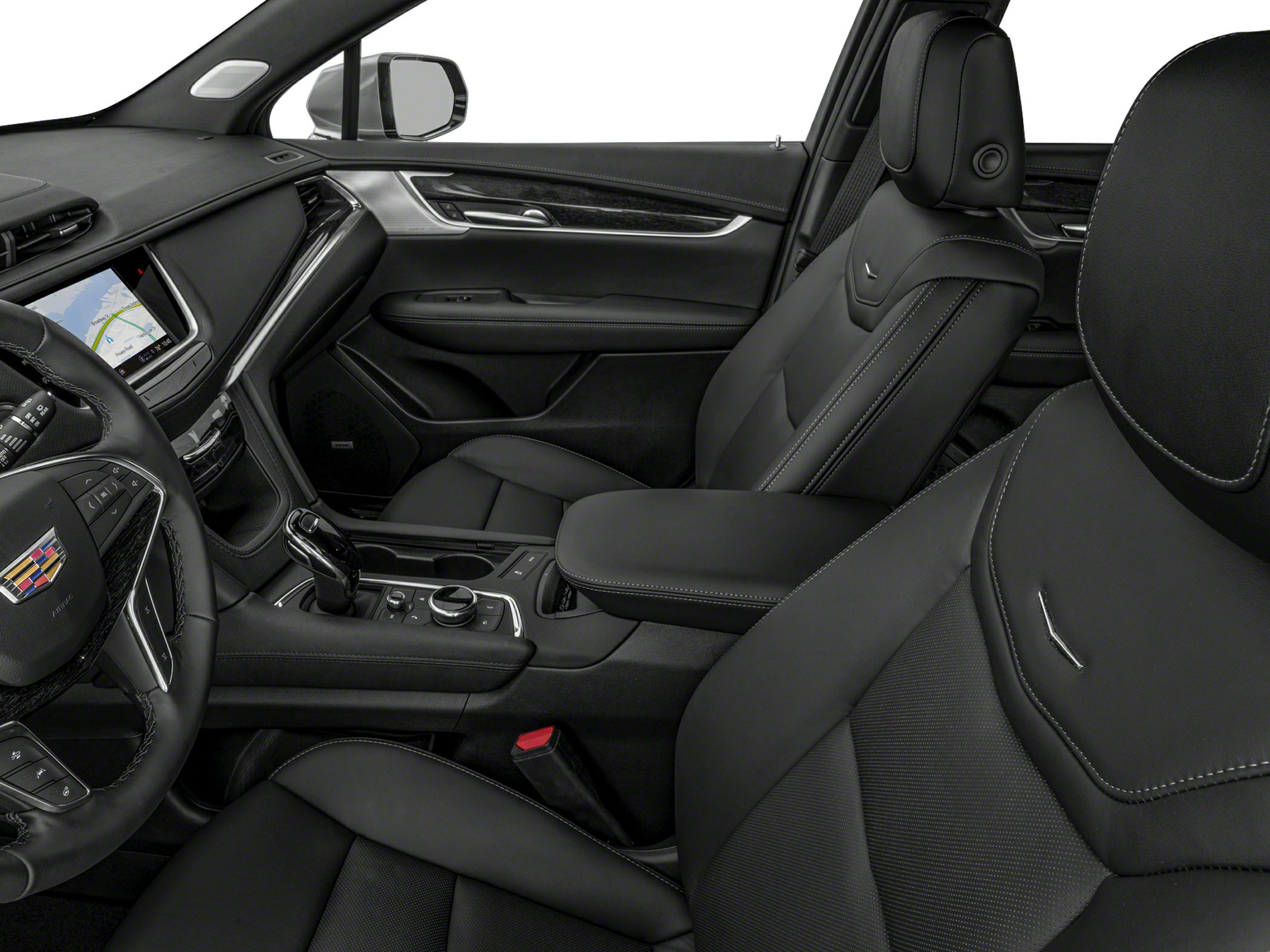 Luxury black leather seating and modern dashboard with touchscreen navigation