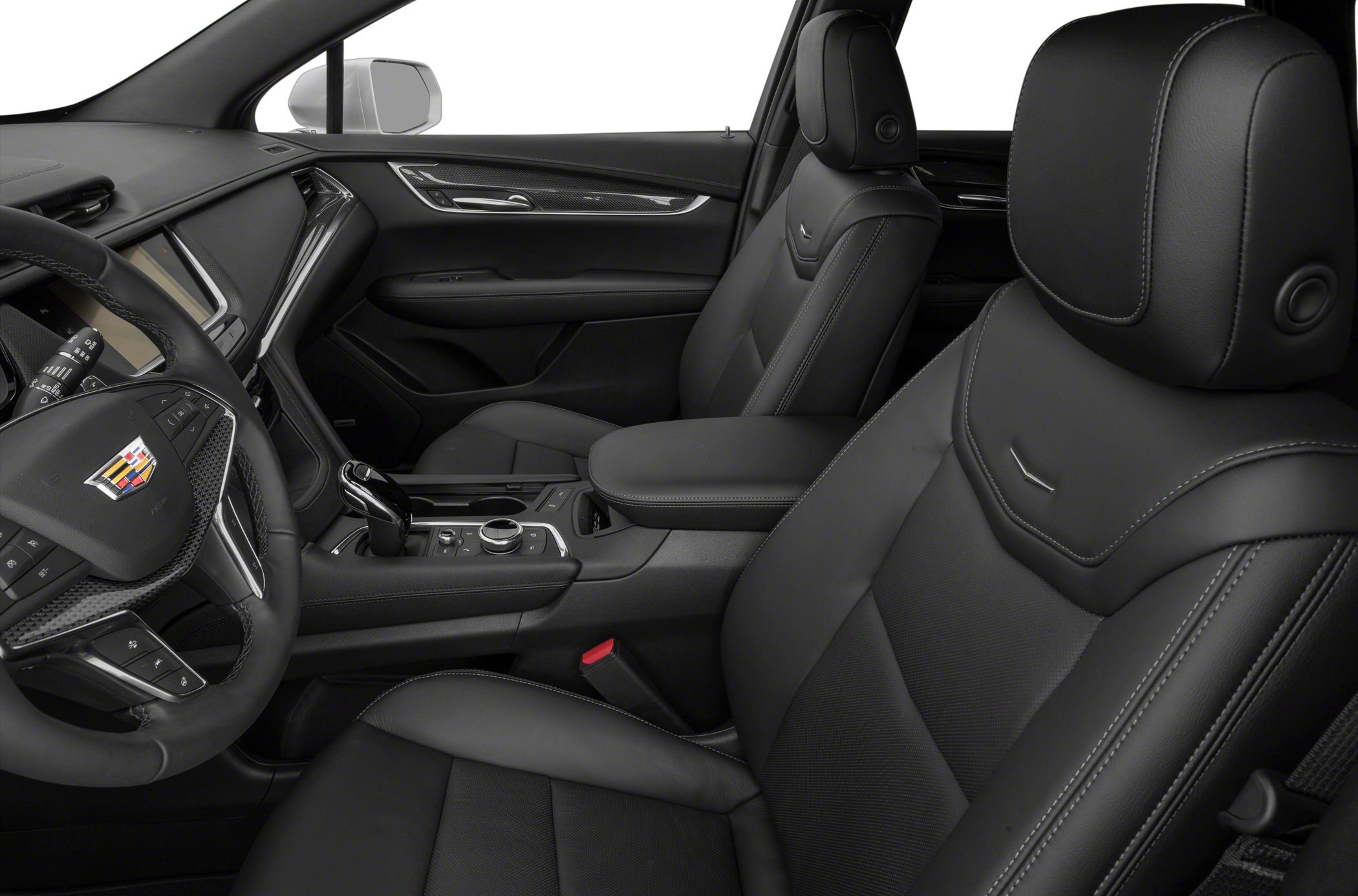 Black leather seats with modern center console and steering wheel design