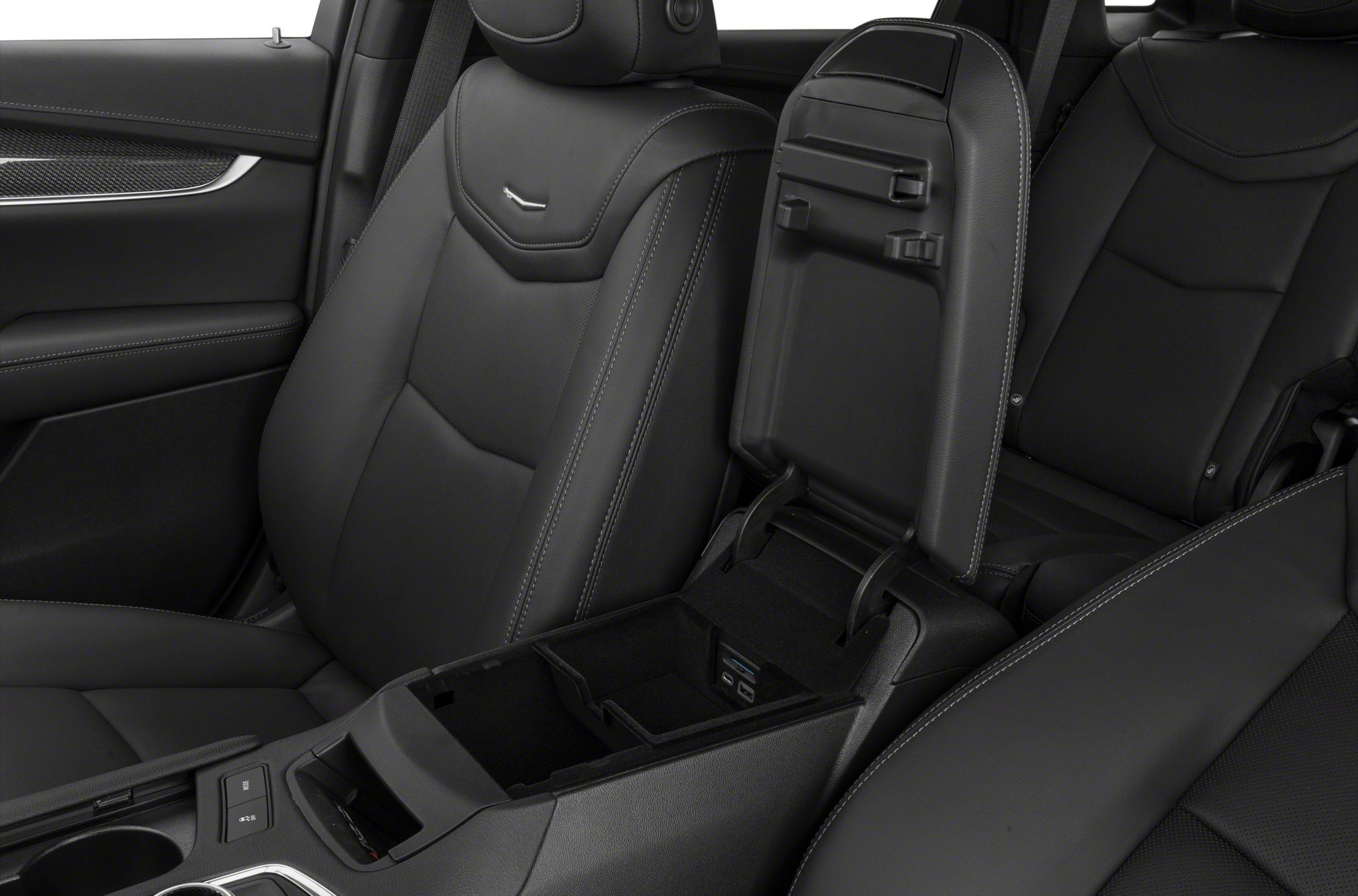 Open center console storage with USB ports and leather front seats