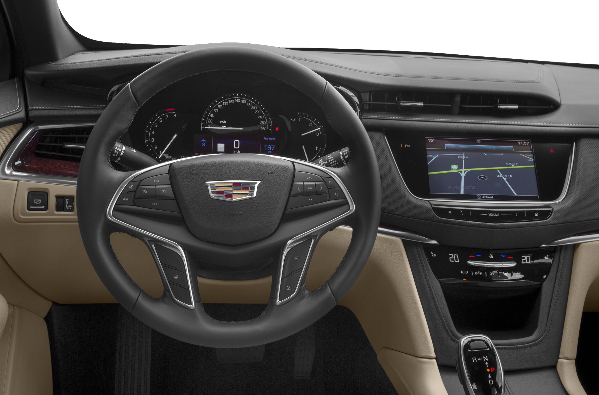 Modern steering wheel, digital gauges, touchscreen infotainment, climate controls