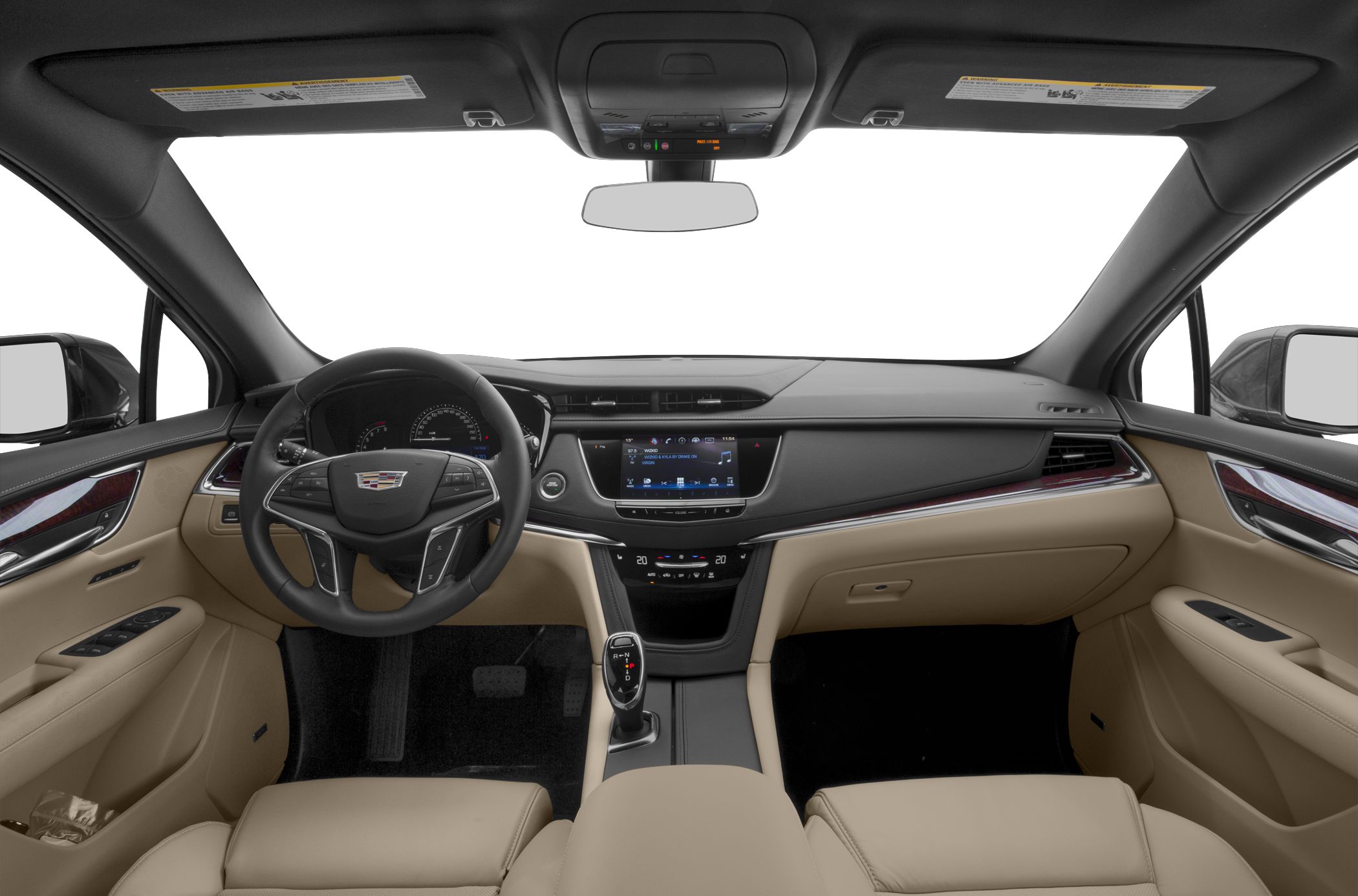 Dashboard, touchscreen infotainment, steering wheel, beige leather interior