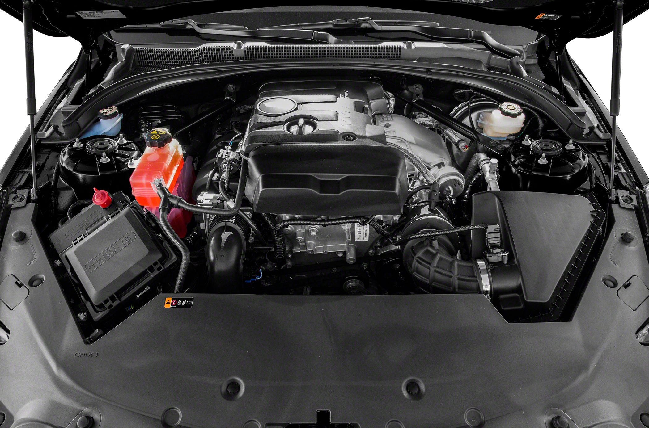 V6 engine bay with fluid reservoirs and air intake system
