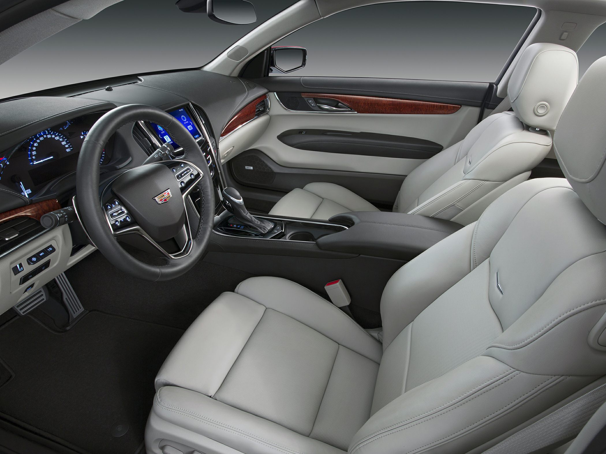 Modern car interior with leather seats and digital dashboard