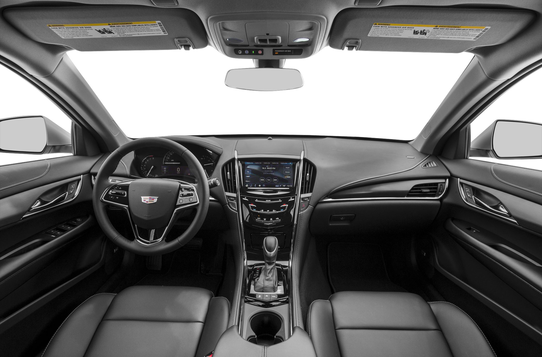 Luxury car interior with central infotainment and multifunction steering wheel