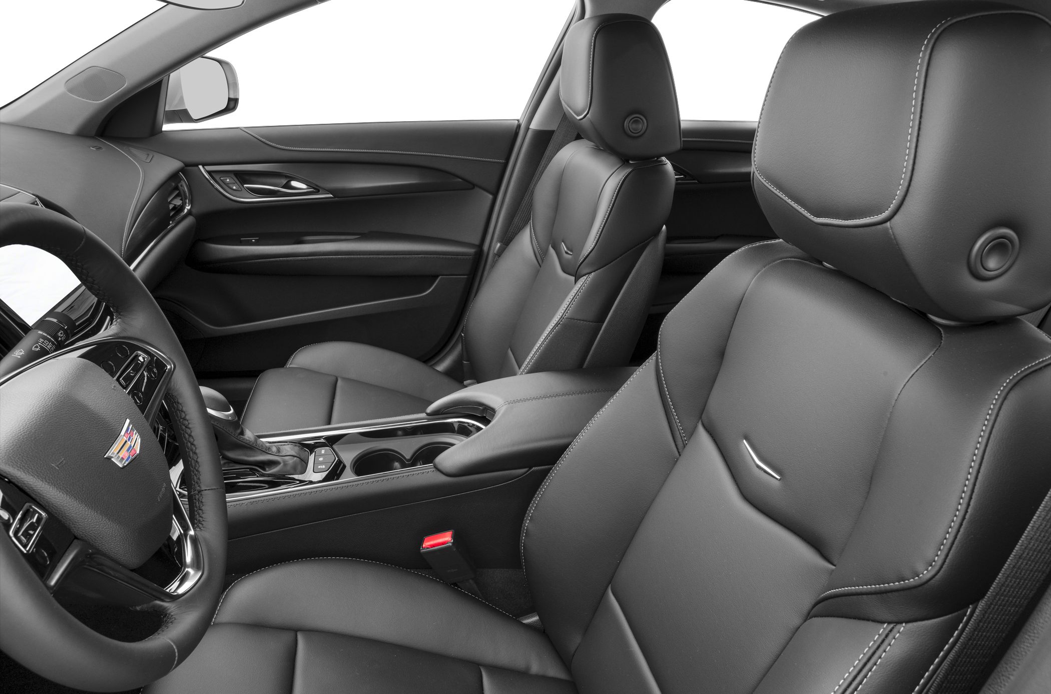 Black leather front seats with stitched detailing and interior dashboard panel