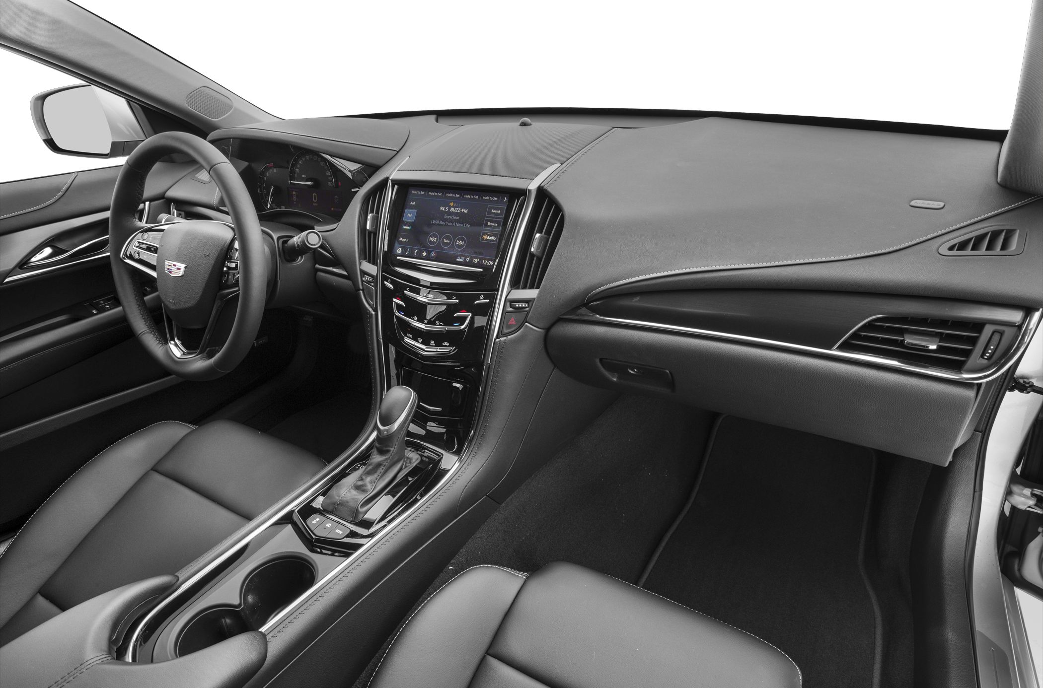 Modern car interior dashboard with infotainment and automatic gear shift