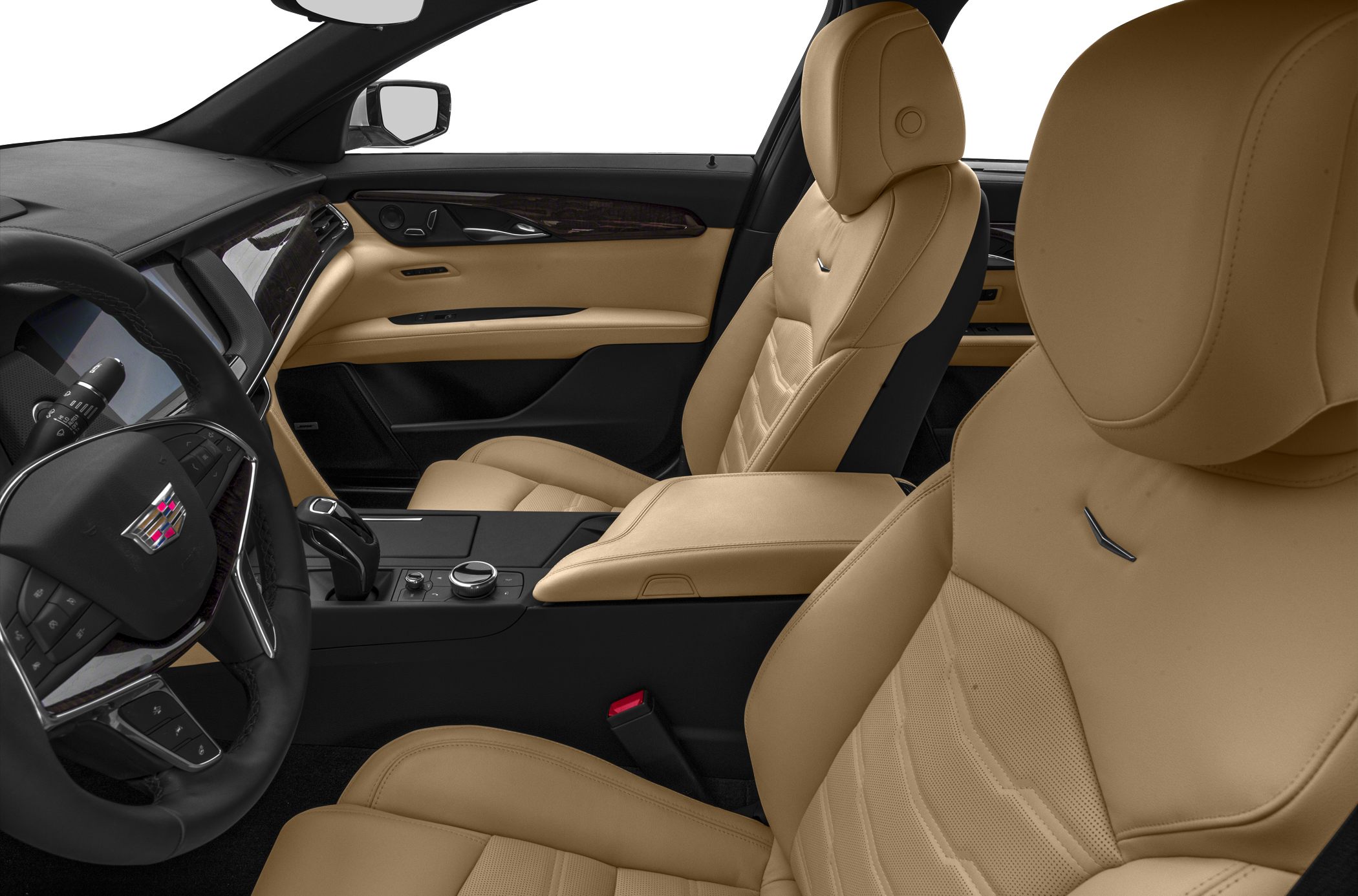 Beige leather seats with wood trim and modern dashboard