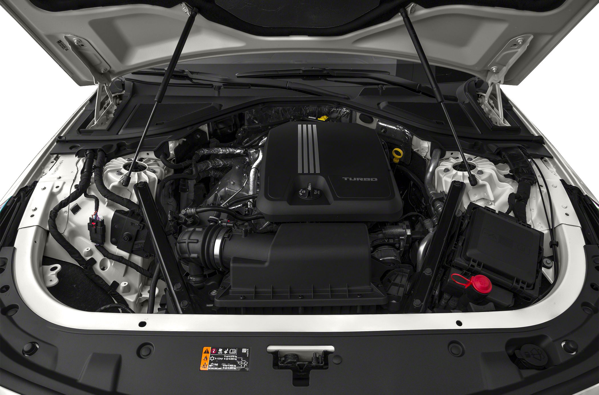 Turbocharged engine bay with black engine cover and supporting components
