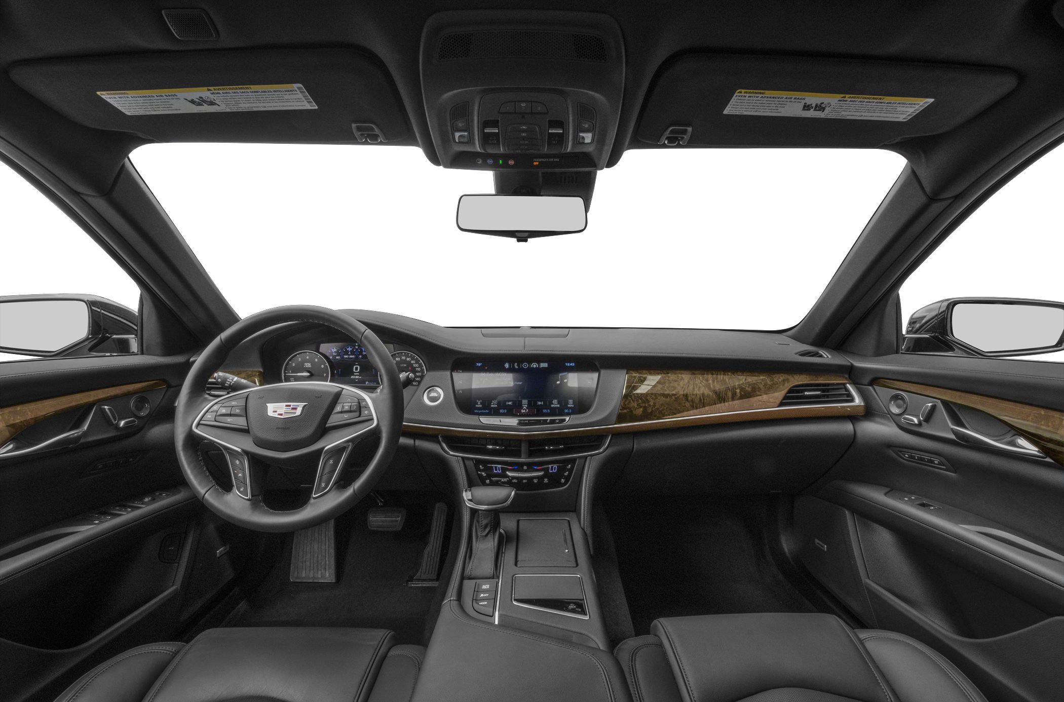 Luxury car interior with dashboard, multifunction steering wheel, and wood trim accents