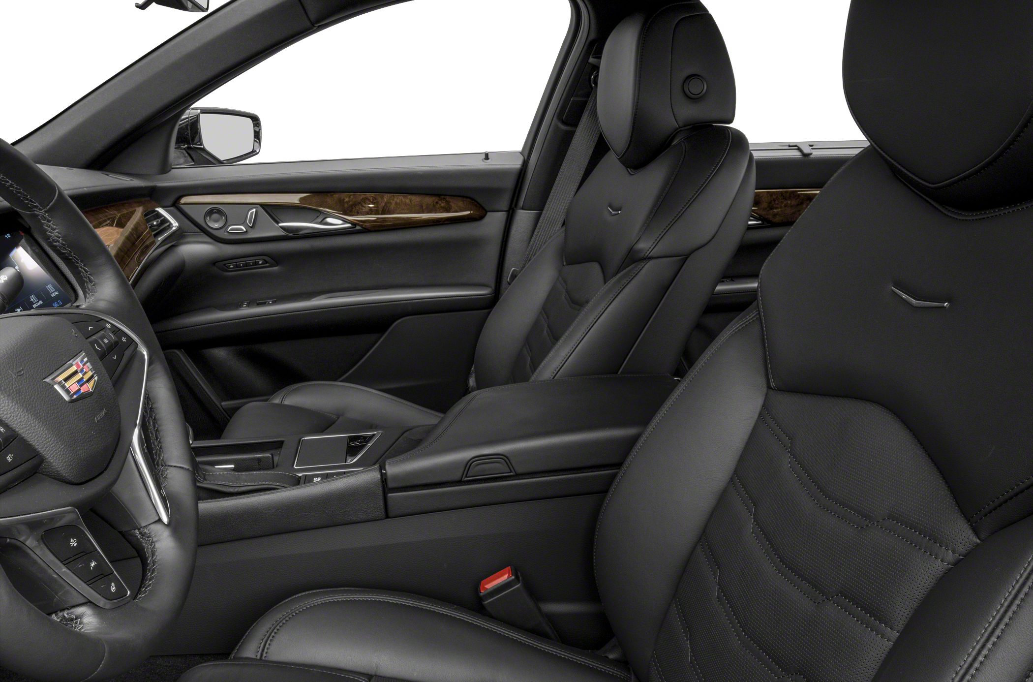 Luxury black leather seats with wood trim and advanced control panel