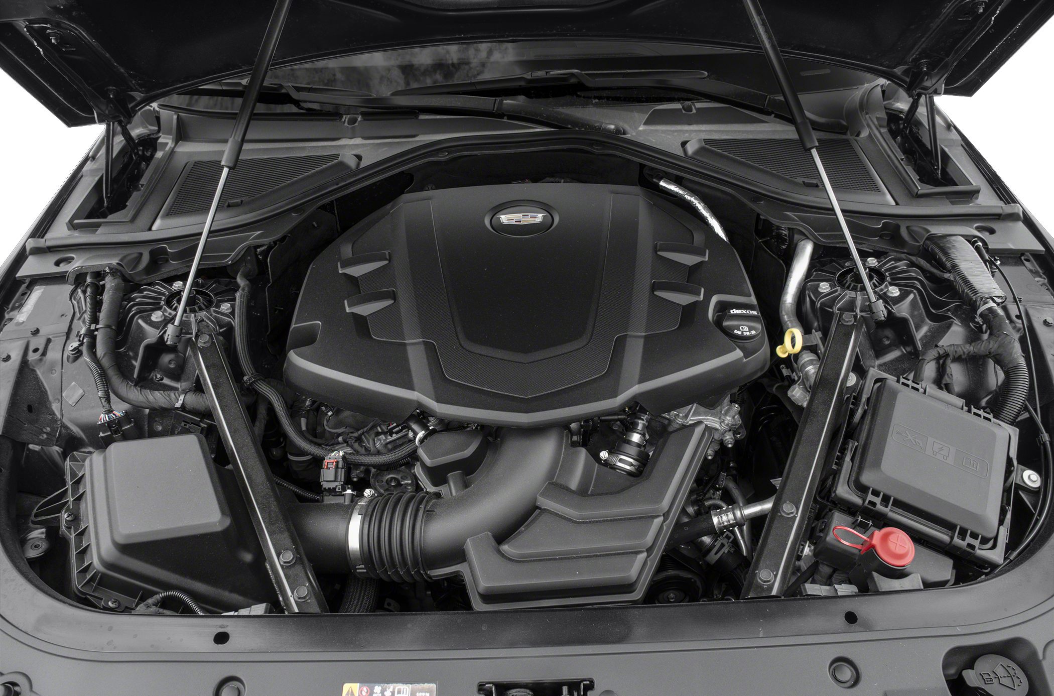 Engine bay with large engine cover and visible engine components
