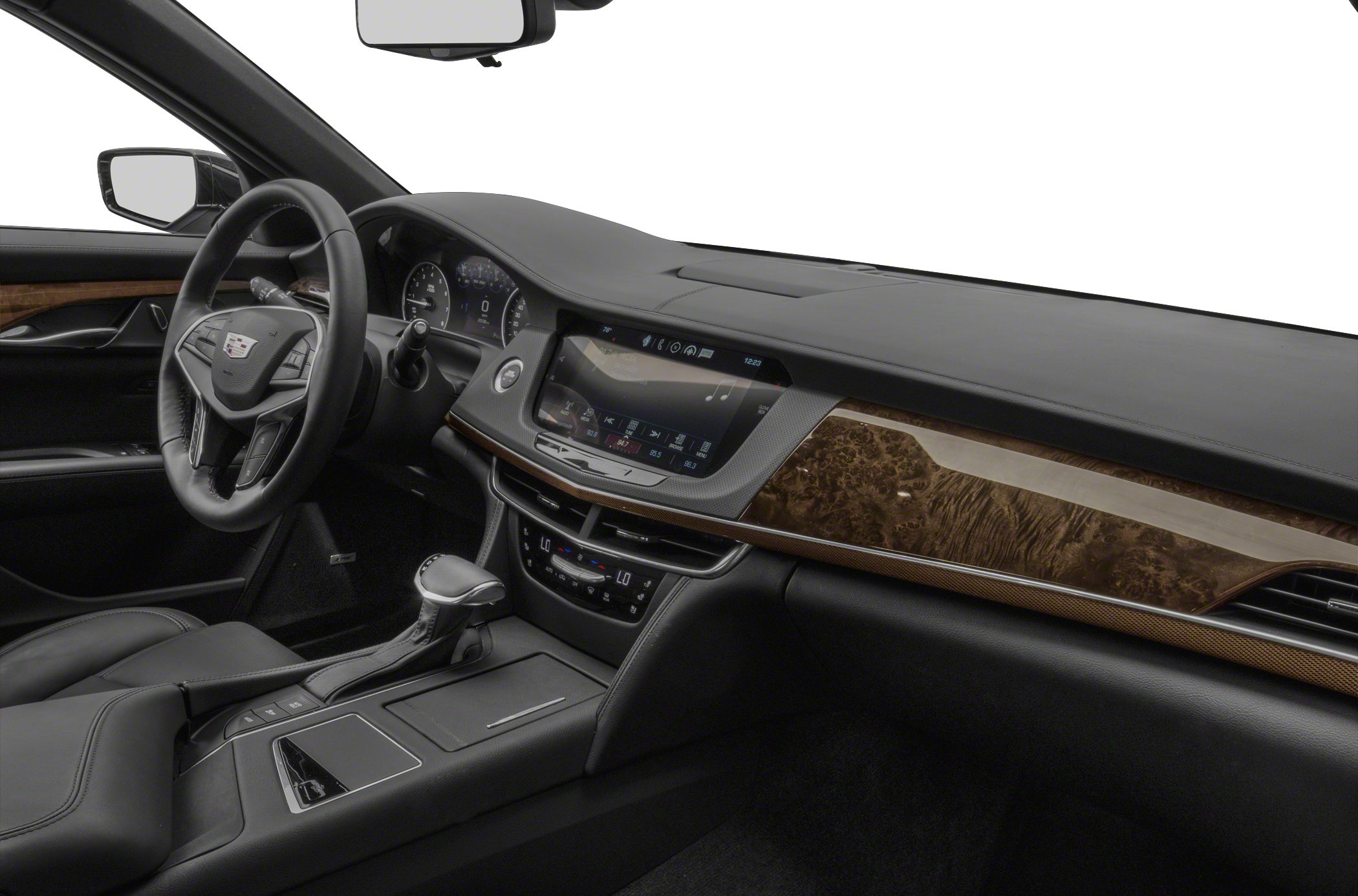 Luxury dashboard with wood trim and digital infotainment system