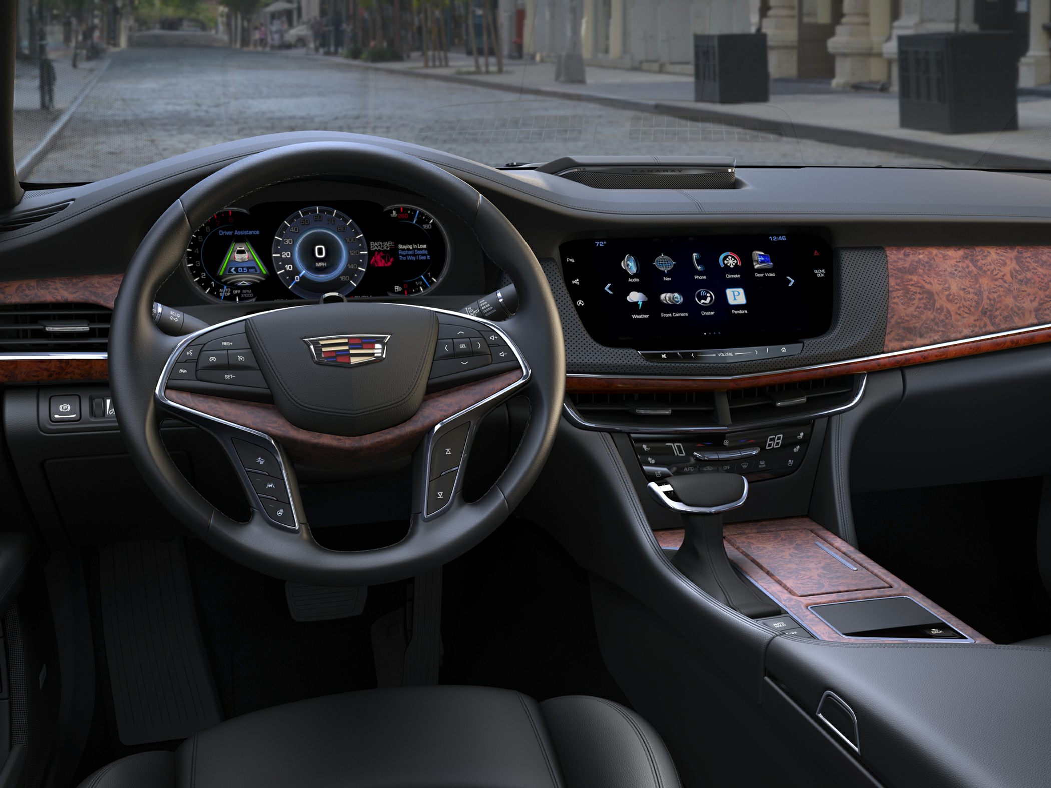 Digital dashboard and touchscreen infotainment with wood trim interior
