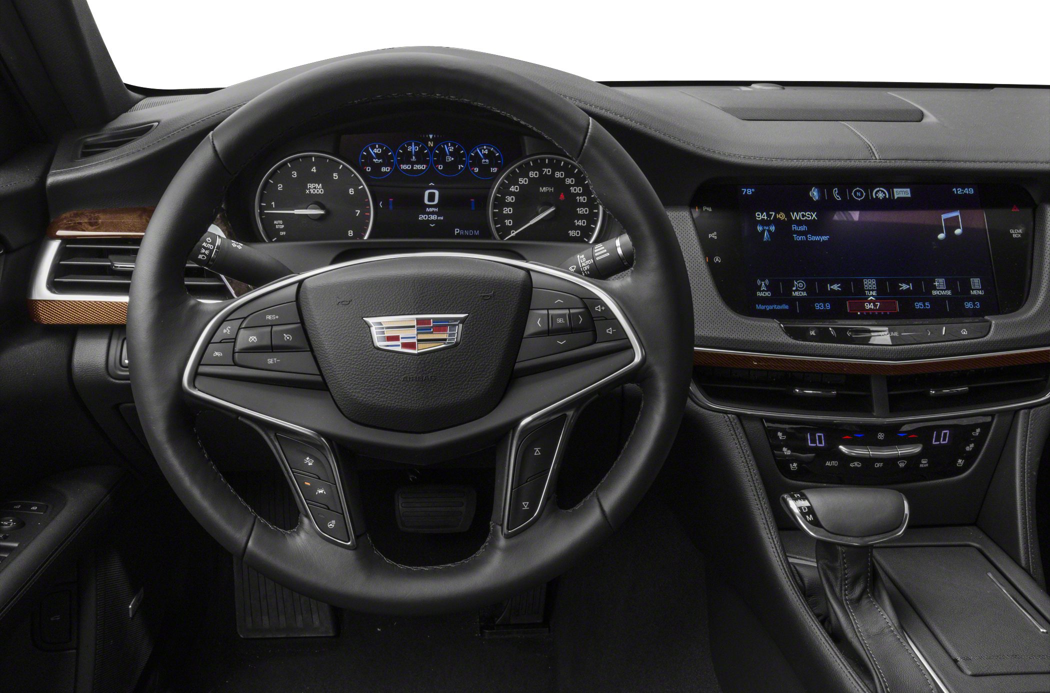 Luxury dashboard and steering wheel with digital gauges and infotainment screen