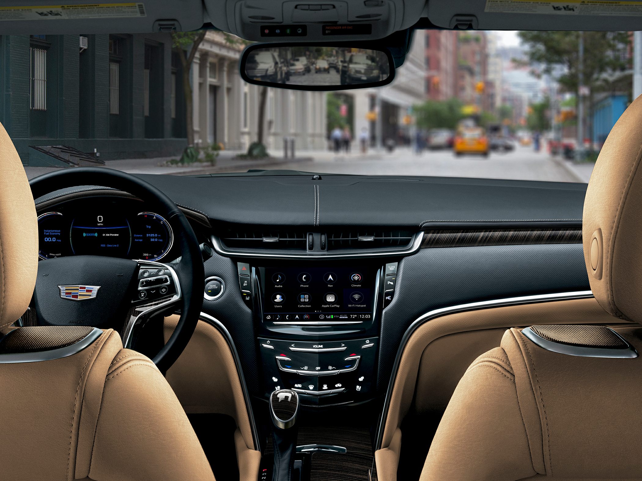 Luxury car interior with digital dashboard, touchscreen, and beige seats