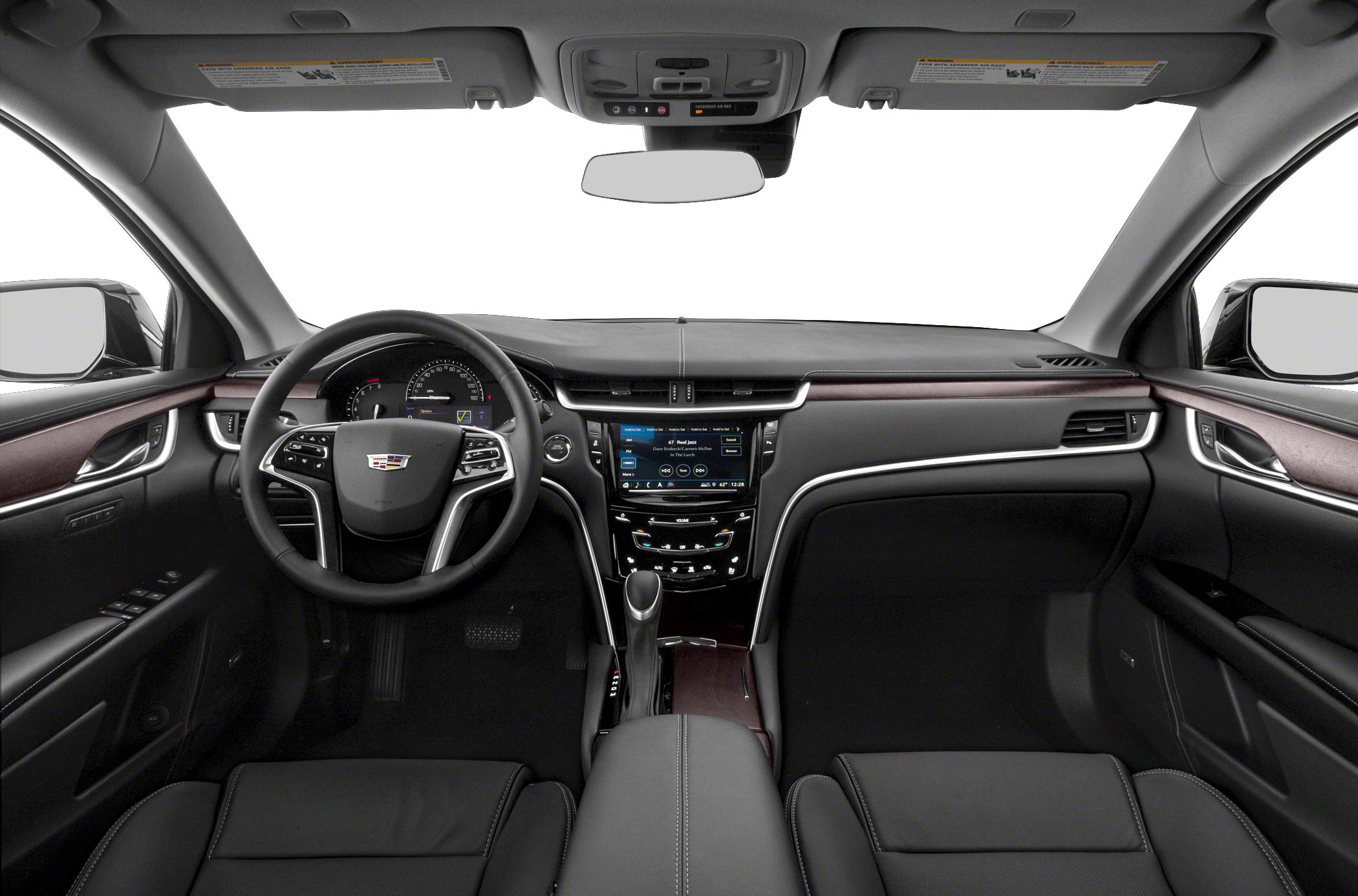 Luxury car interior with dashboard and multi-function steering wheel