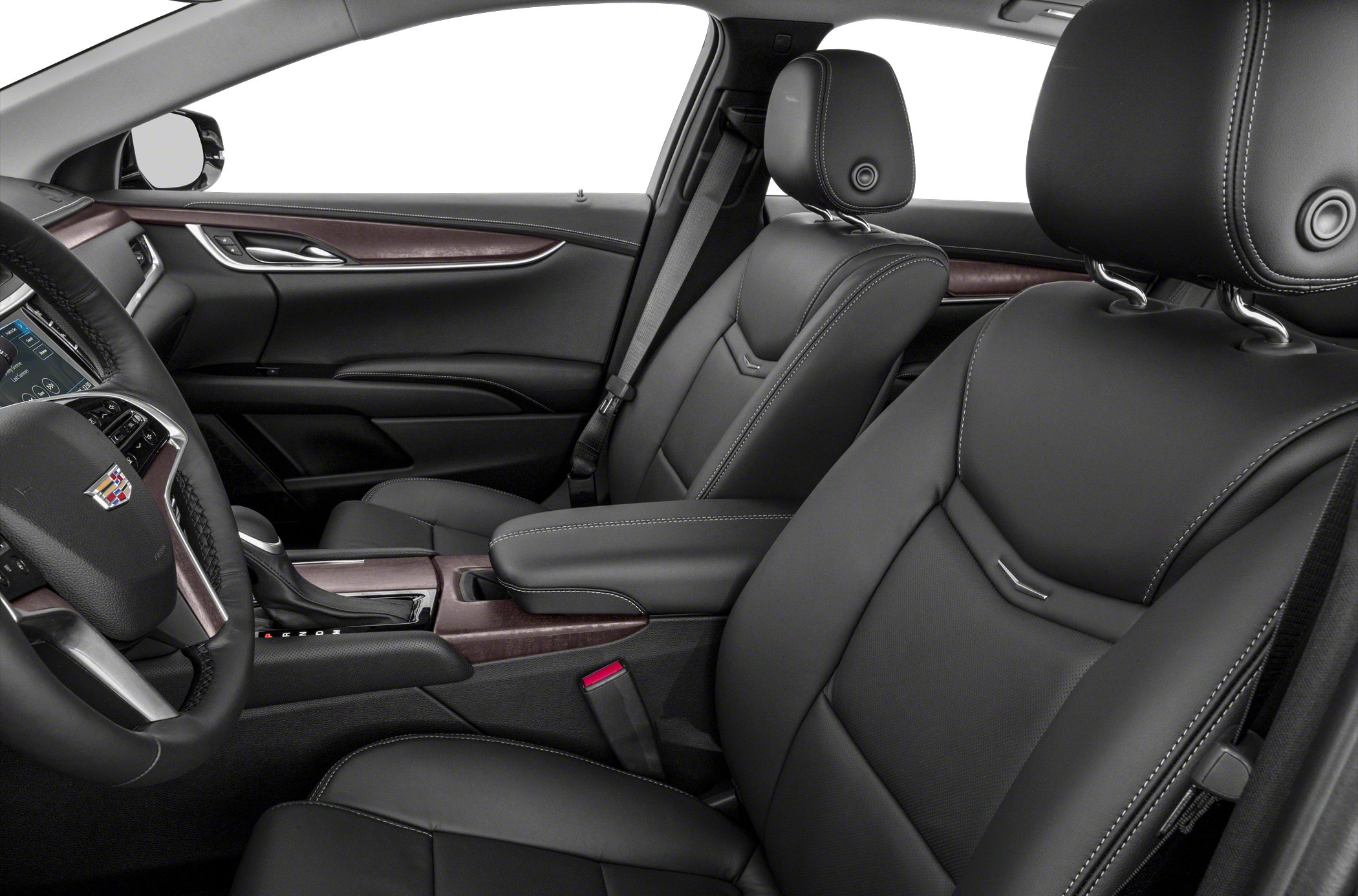 Black leather seats with white stitching and wood trim interior.