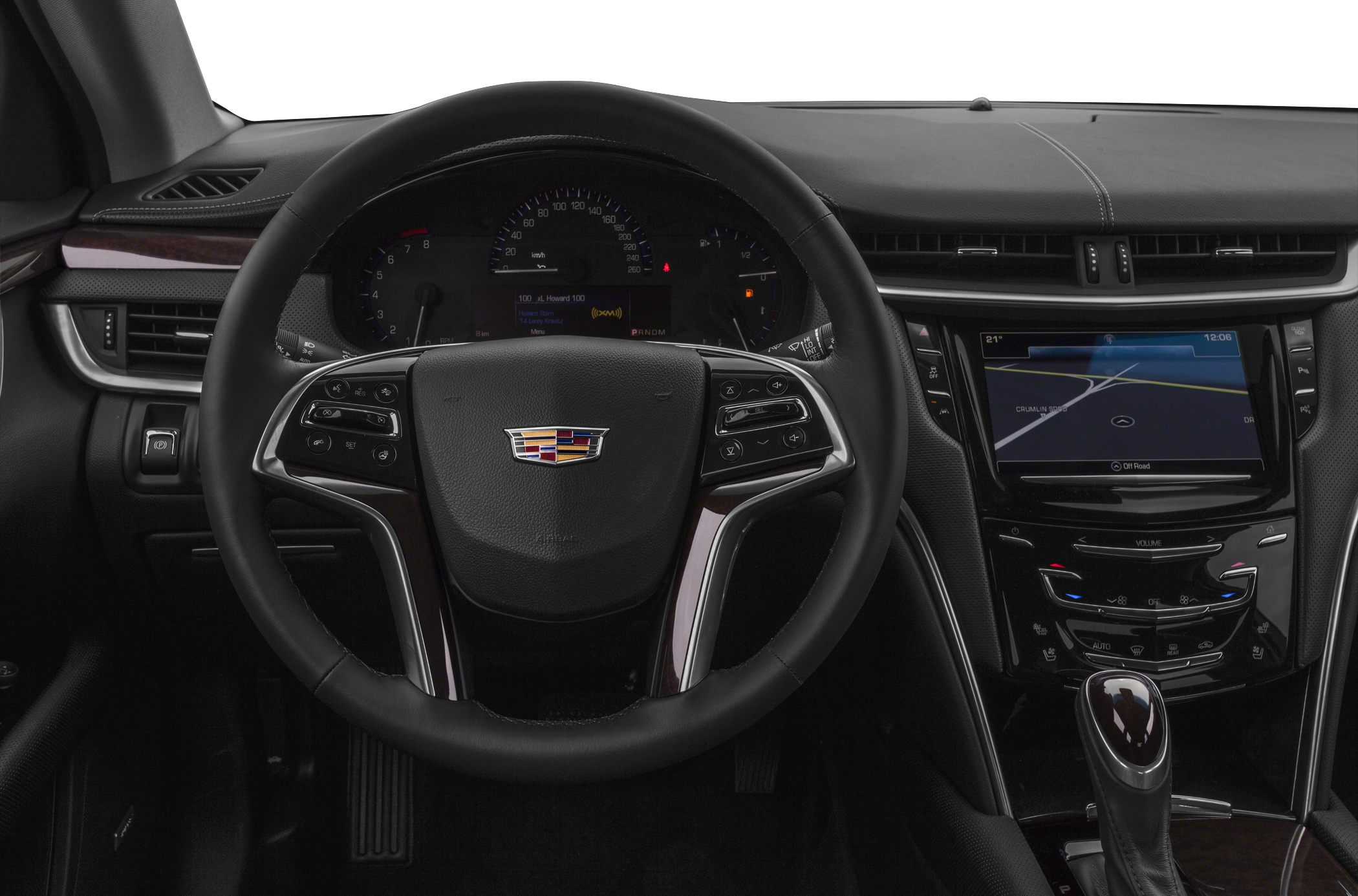 Steering wheel with controls and central touchscreen navigation system