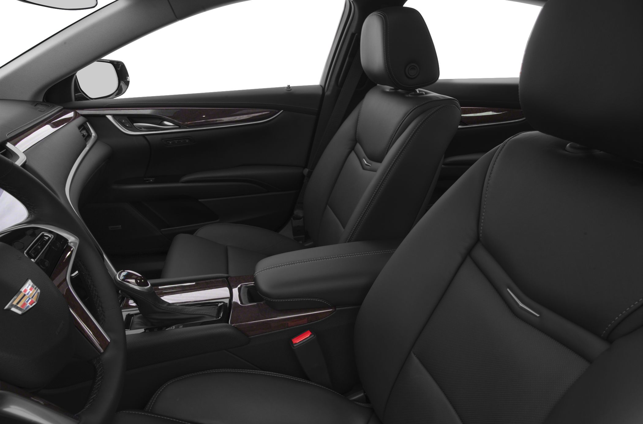 Black leather seats and polished wood trim interior details