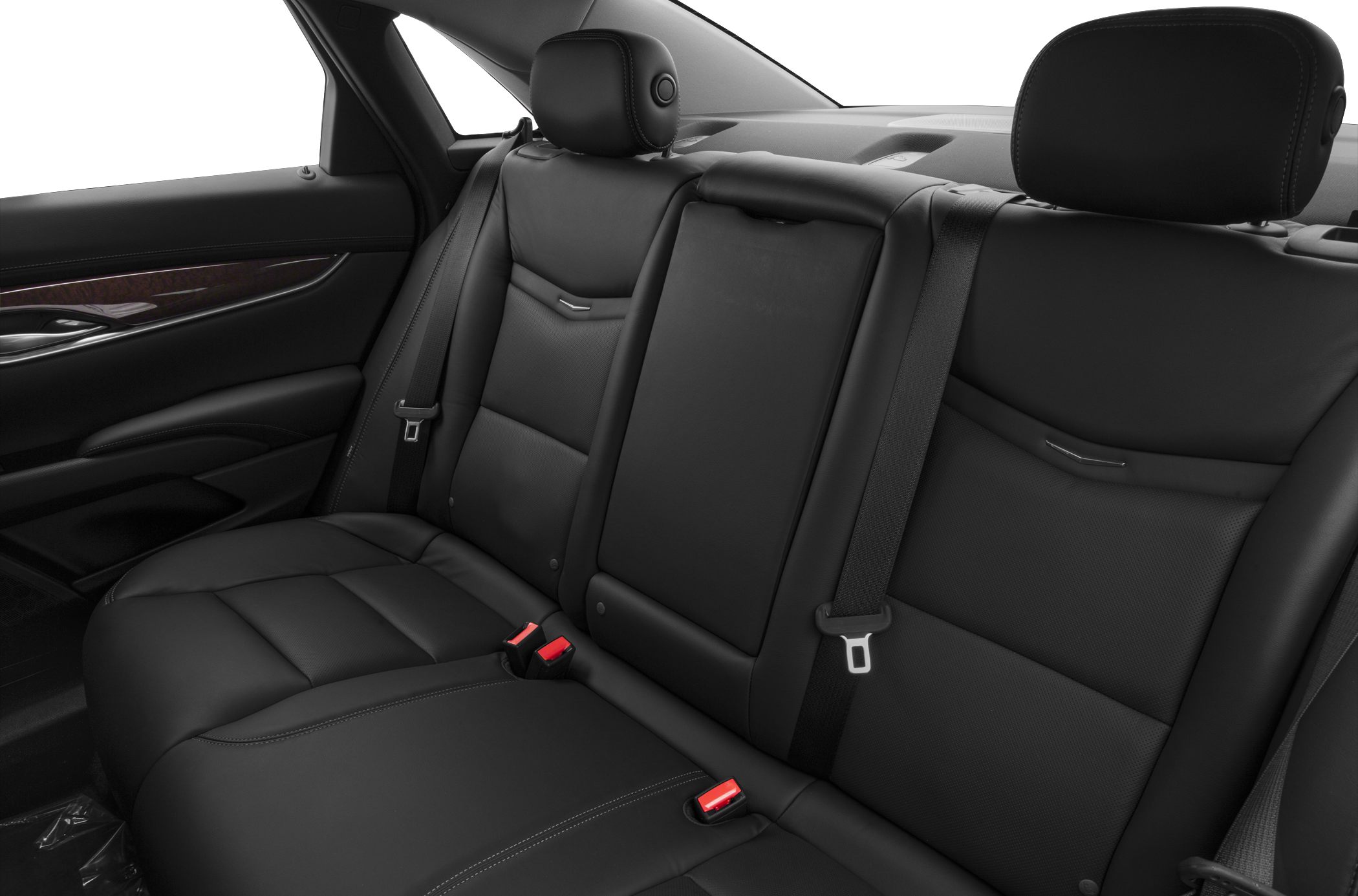 Black leather rear seating with headrests and seat belts