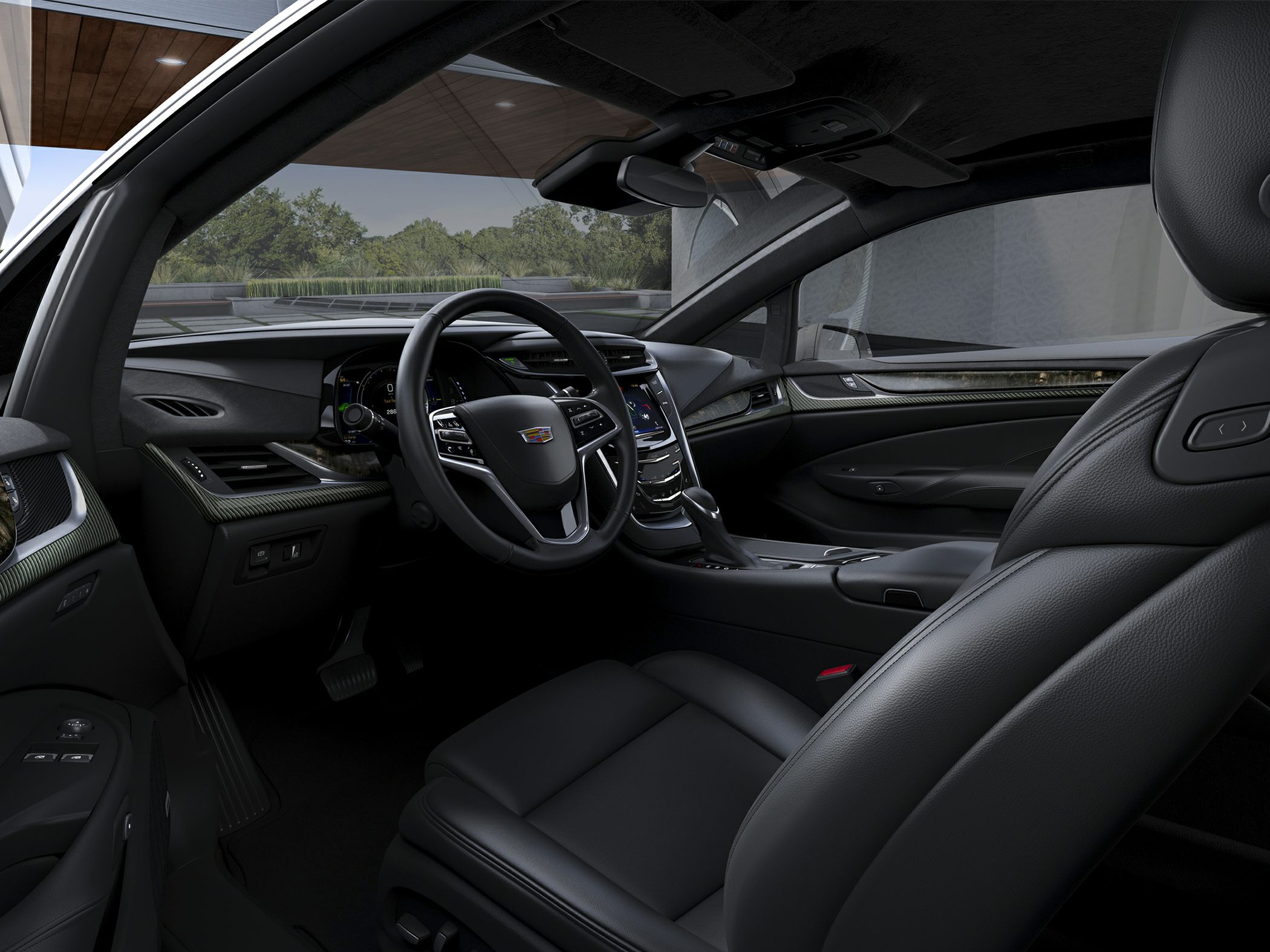 Luxury modern car interior with digital dashboard and leather seats