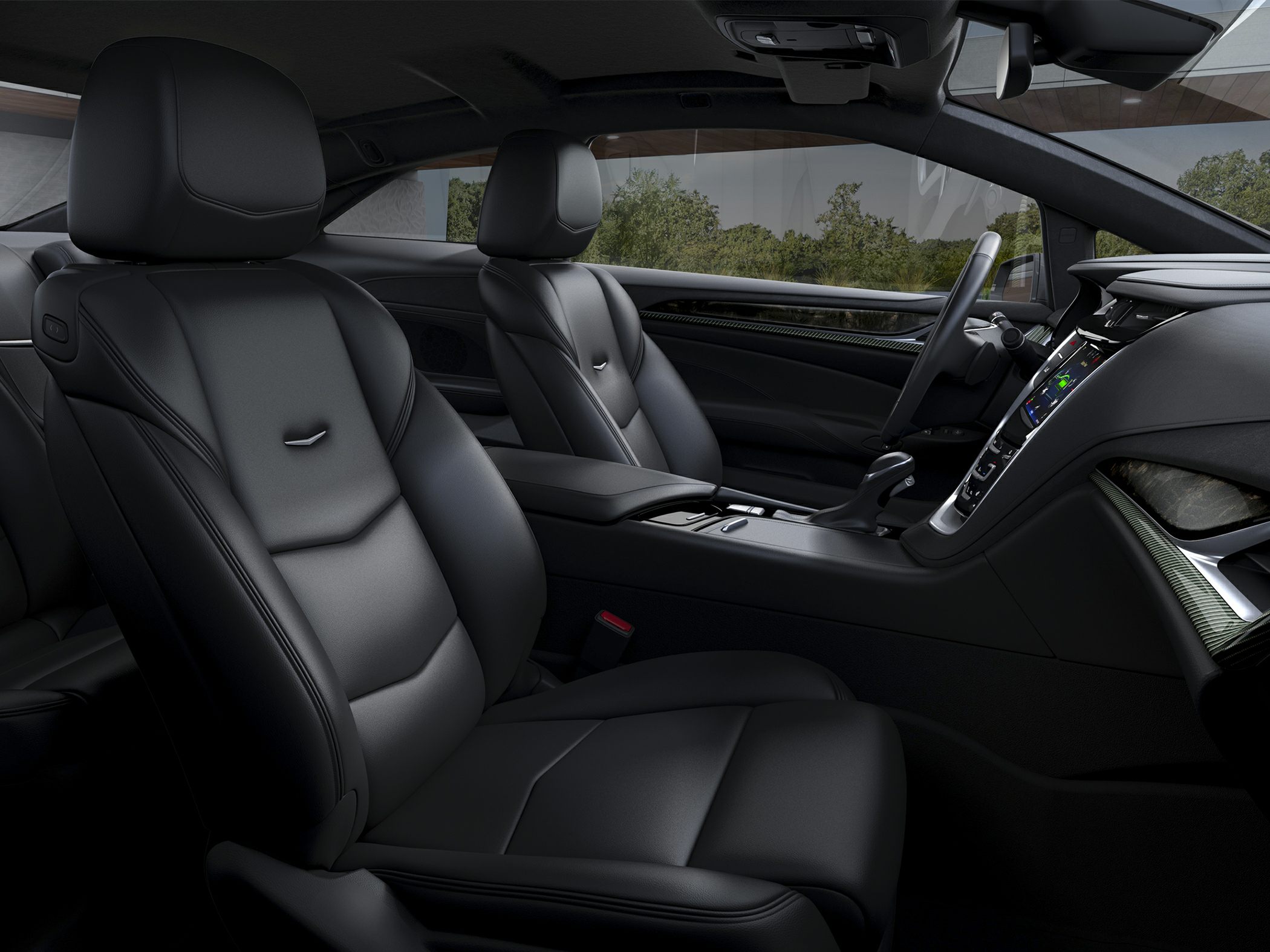 Black leather front seats with modern dashboard and center console