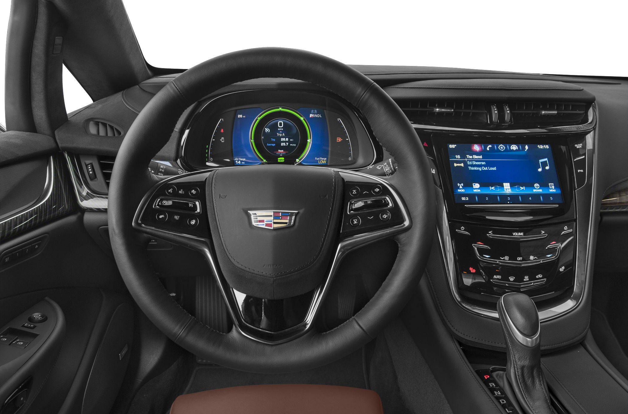 Steering wheel with controls and digital dashboard with infotainment screen